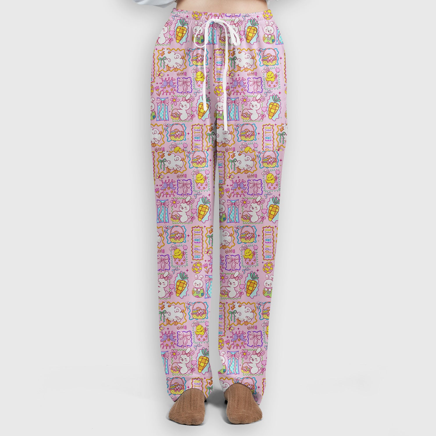 Cute Easter Bunny Egg and Bow Print Scrub Set, Scrub Pants and V Neck Top