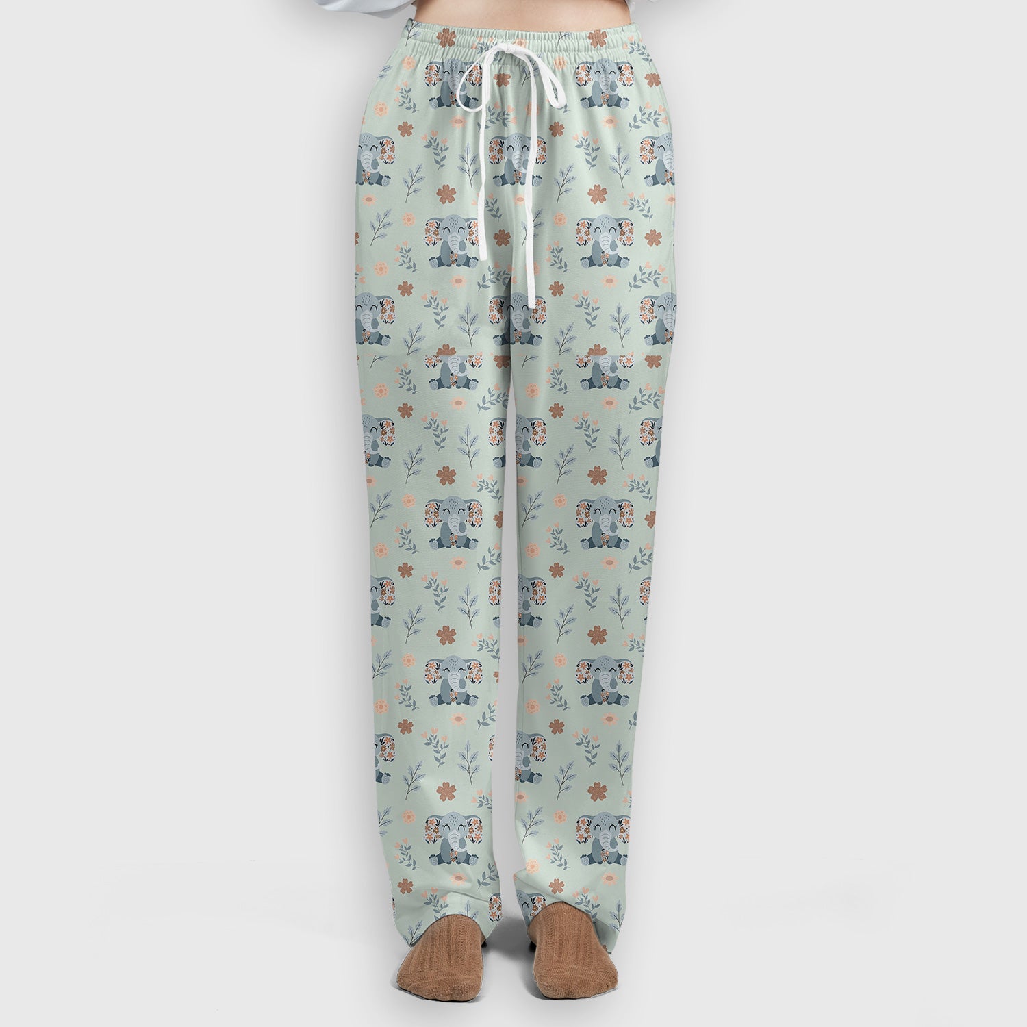 Cute Elephant Floral Print Scrub Set, Scrub Pants and V Neck Top