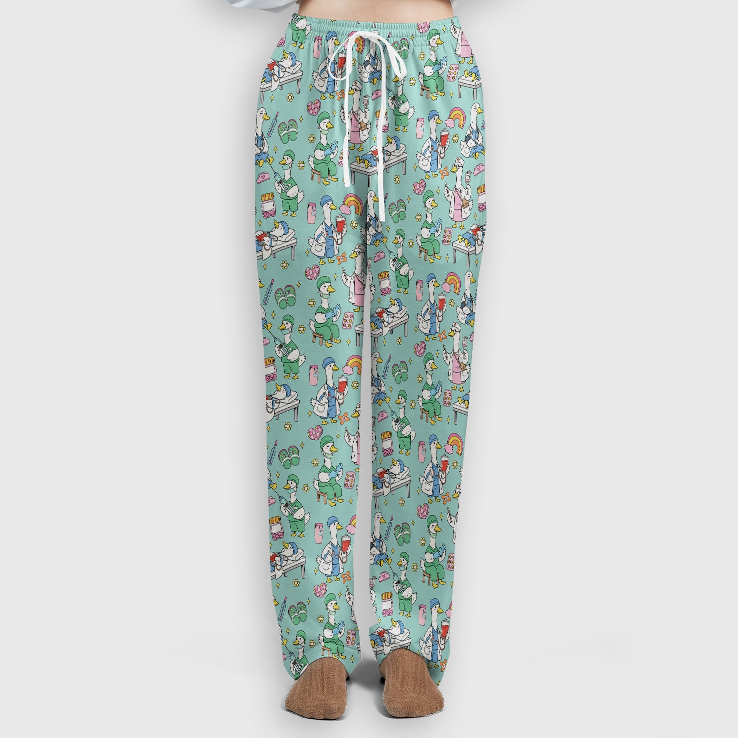 Funny Nurse Duck Medical Doodle Pattern Scrub Set, Scrub Pants and V Neck Top