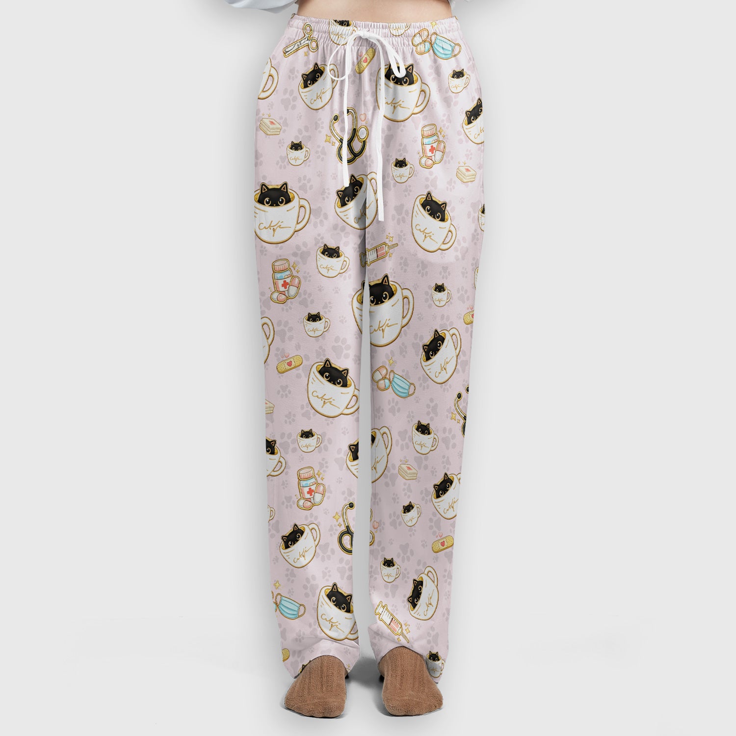Cute Coffee Cat Medical Print Scrub Set, Scrub Pants and V Neck Top