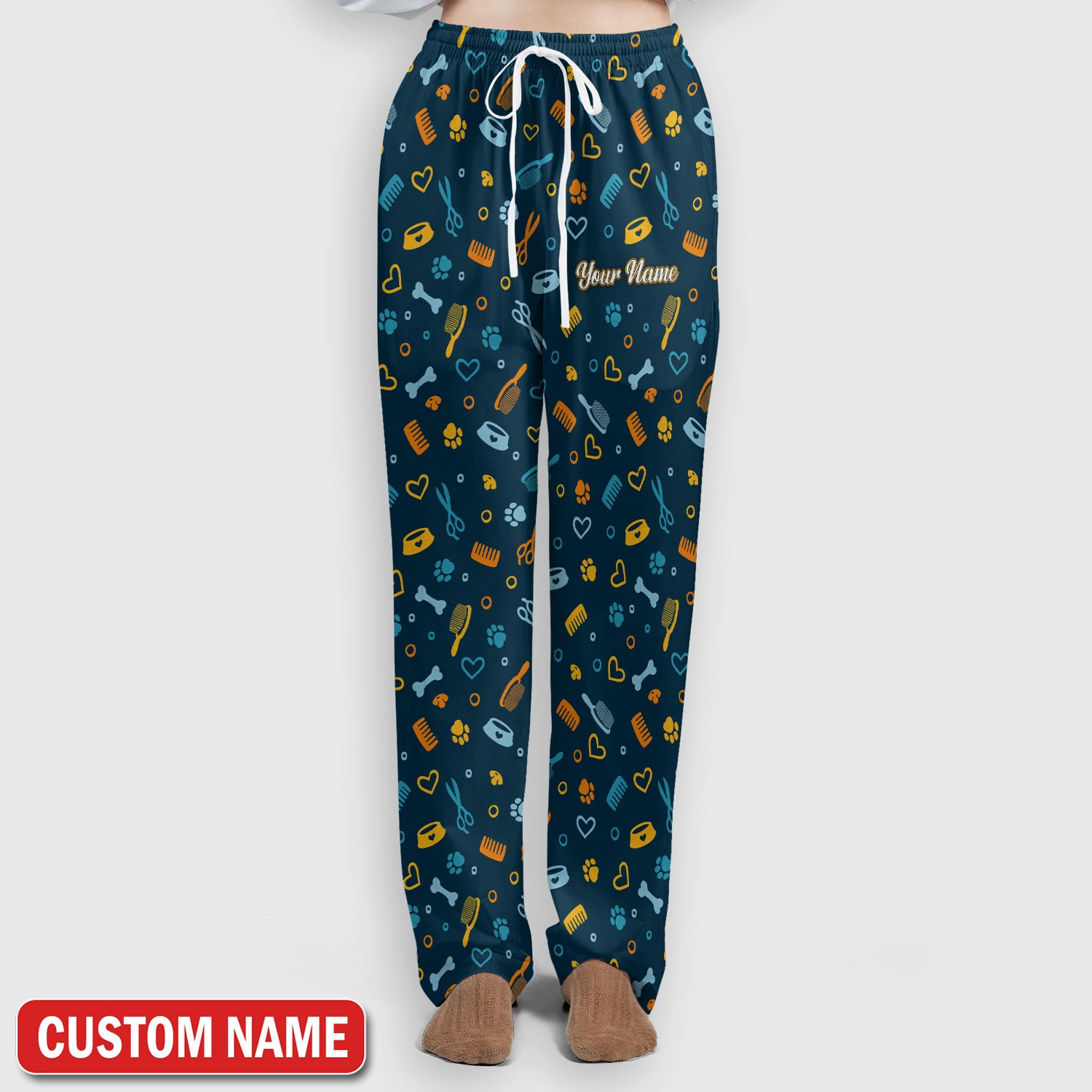 Custom Name Dog Cat Grooming Pattern Scrub Set, Scrub Pants and V Neck Top