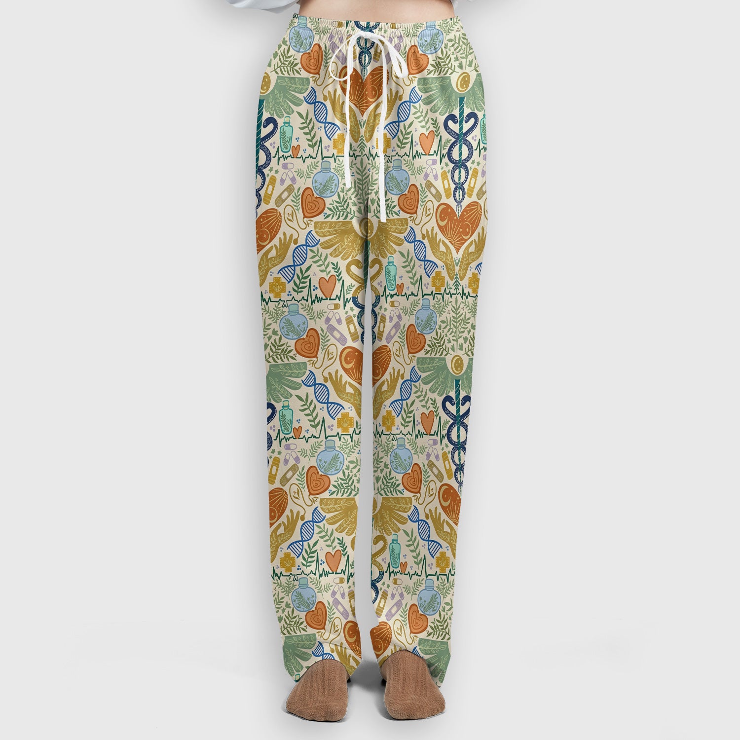 Inspirational Botanical Medical Caduceus Heart Nurse Pattern Scrub Set, Breathable Med Uniform
