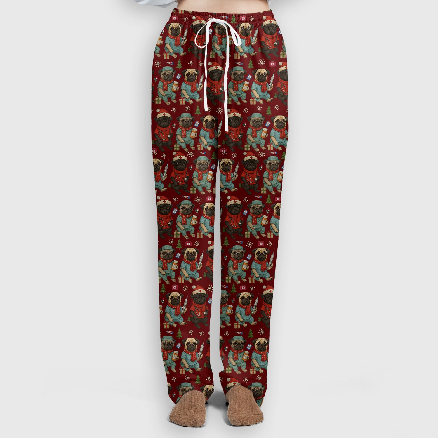 Christmas Pug Nurse Scrub Set, Cute Holiday Dog Medical Uniform Shirt For Nursing
