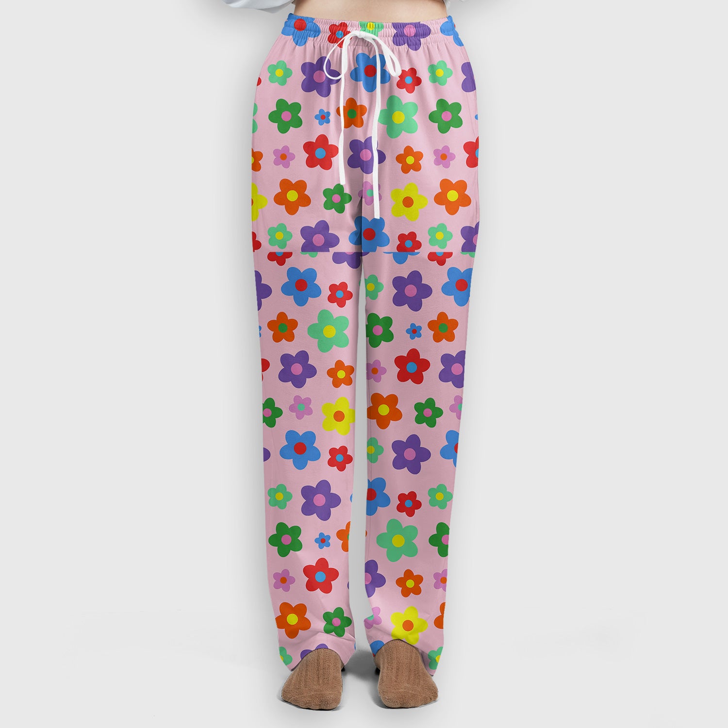 Colorful Retro Flower Pattern Print Scrub Set, Scrub Pants and V Neck Top