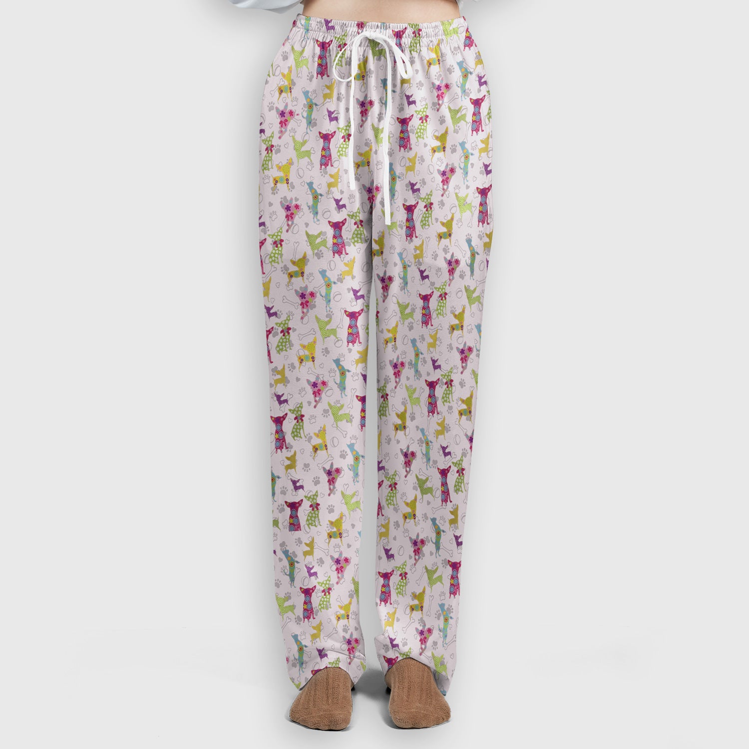 Colorful Playful Dog Print Nurse Scrub Set, Scrub Pants and V Neck Top