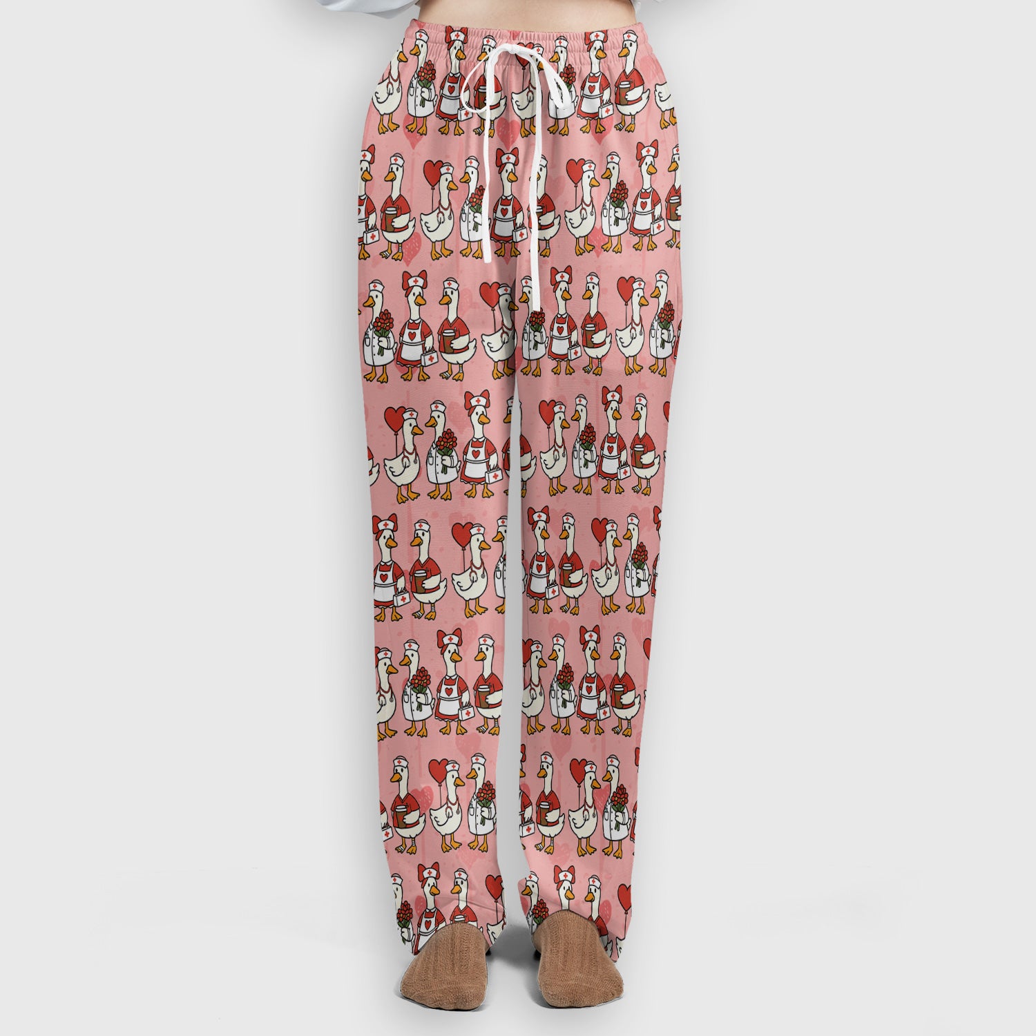 Valentine Nurse Goose with Heart Pattern Scrub Set, Scrub Pants and V Neck Top