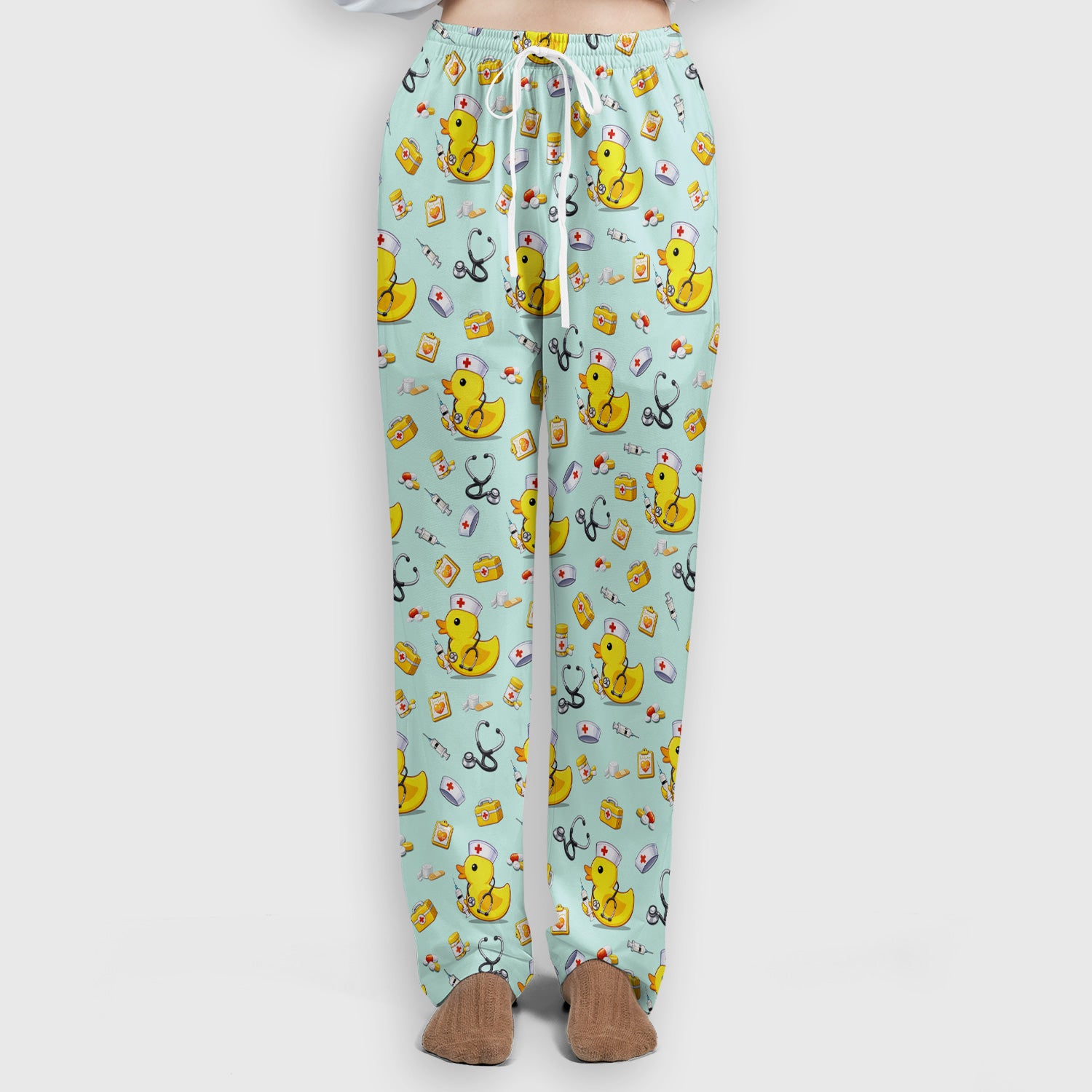 Playful Medical Duck Print Women's Scrub Set, Breathable Med Uniform