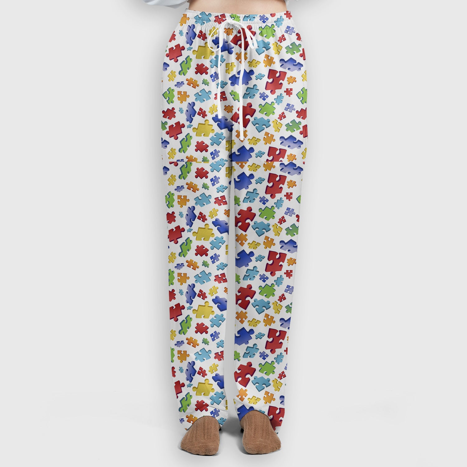 Colorful Scattered Puzzle Piece Pattern Print Scrub Set, Scrub Pants and V Neck Top