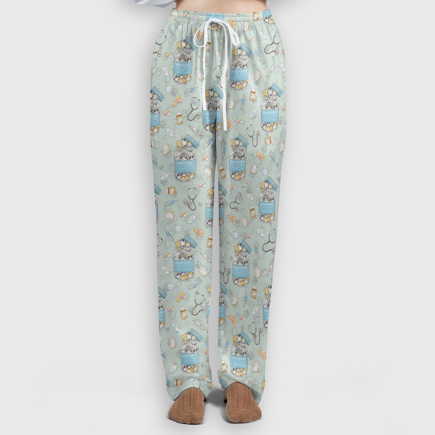 Cute Antidepressant Cat Jar Print Women's Scrub Set, Breathable Med Uniform