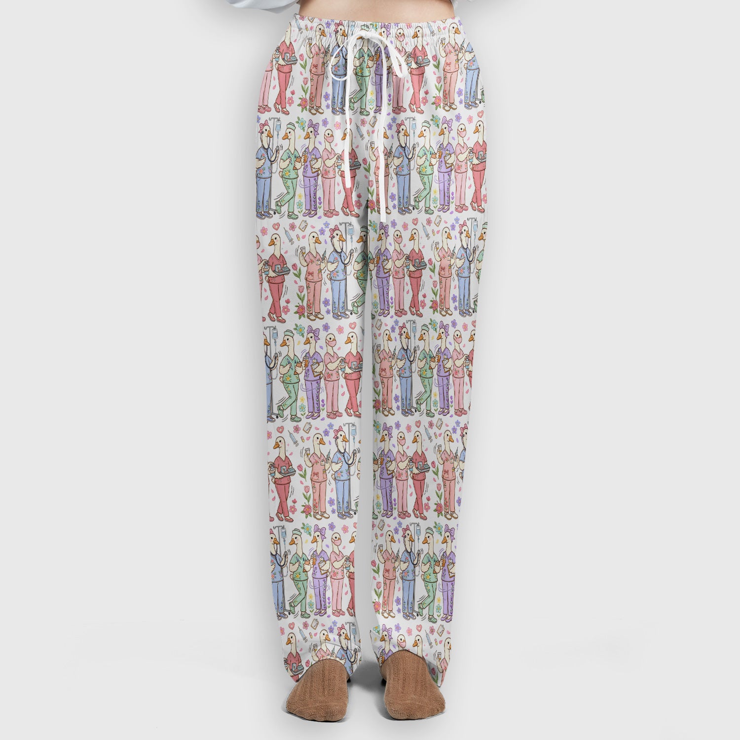 Goose Characters Floral Medical Team Uniform Pattern Scrub Set, Breathable Med Uniform