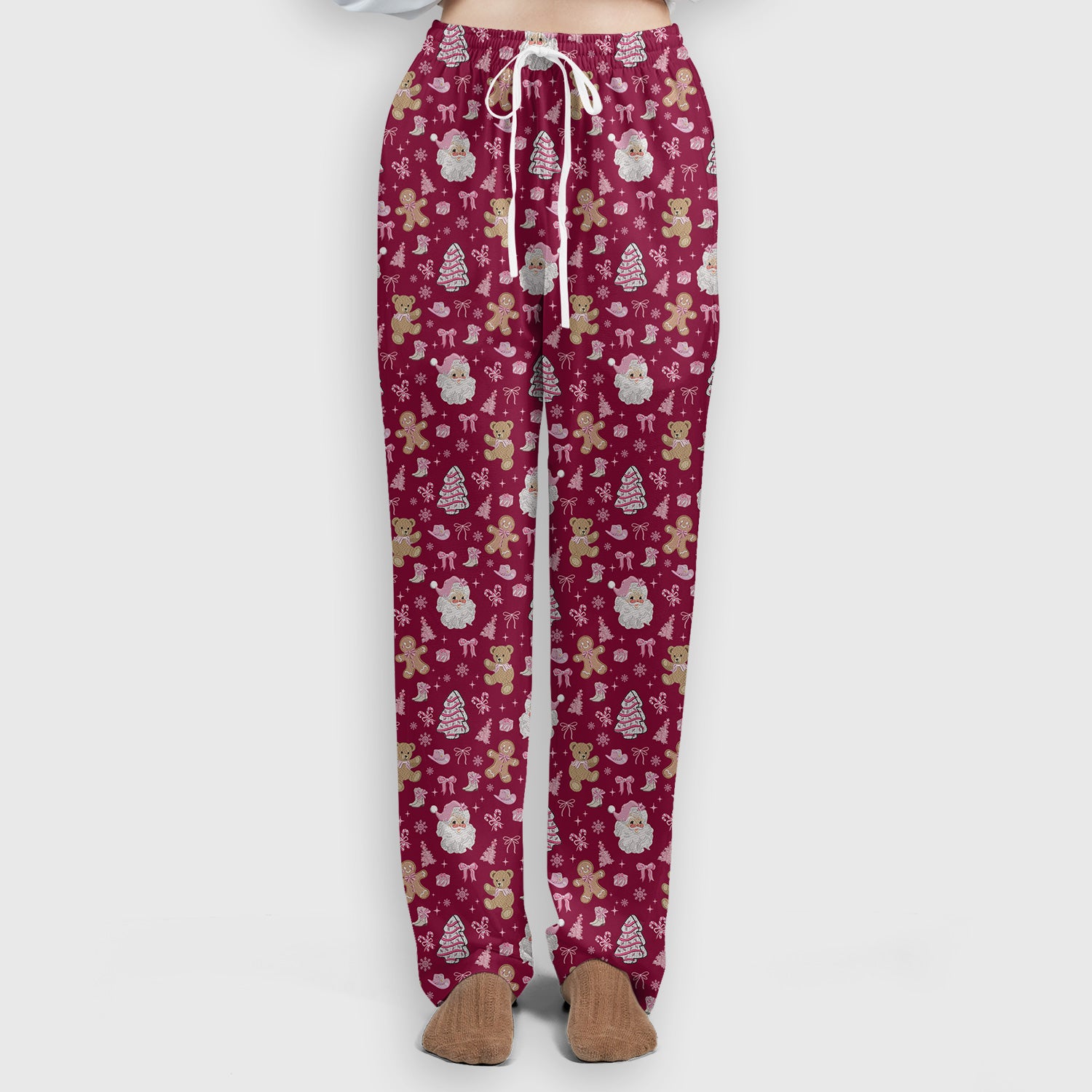 Pink Christmas Santa Gingerbread Scrub Set, Cute Holiday Medical Pattern Shirt, Breathable Fabrics Nursing Uniform