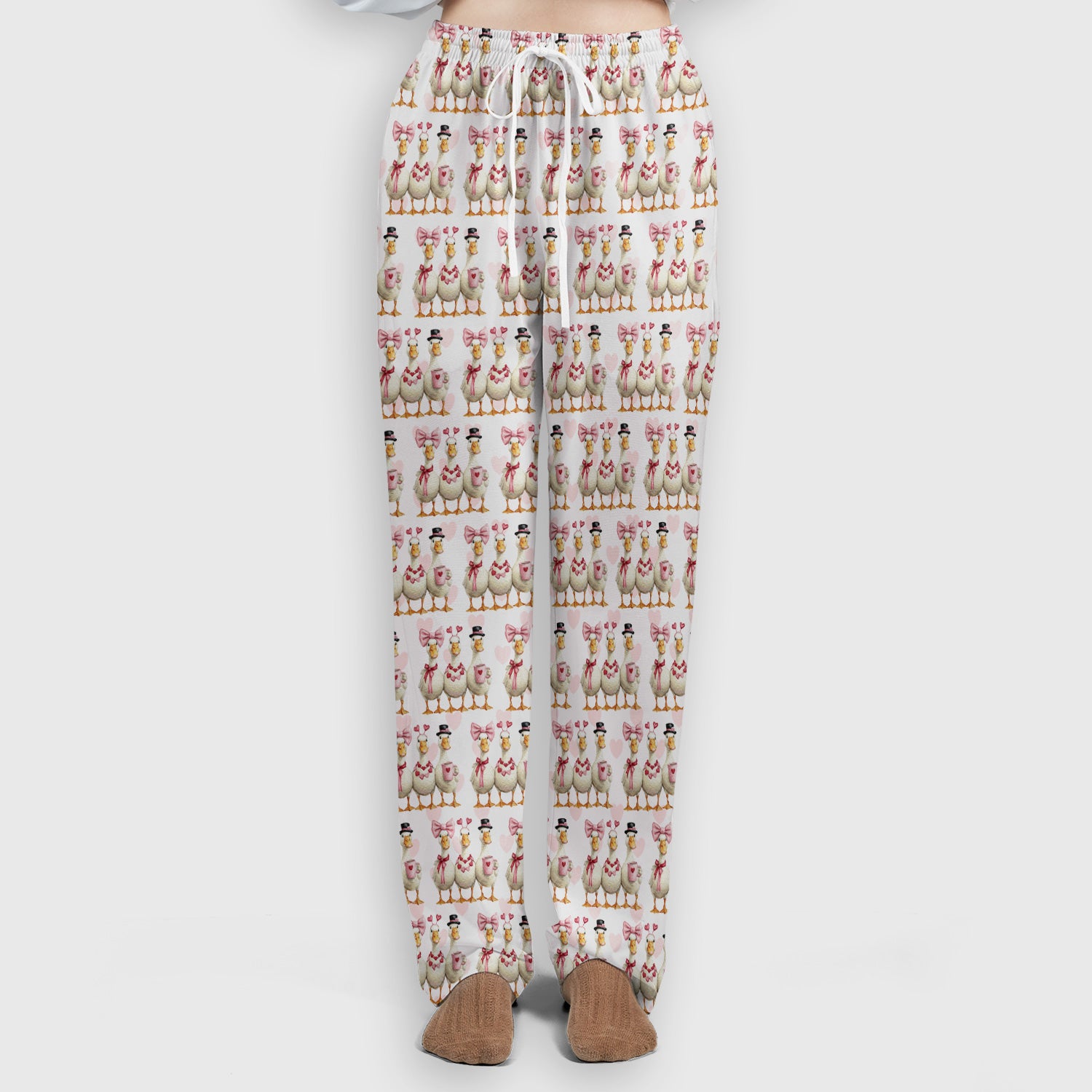 Charming Valentine Goose Heart Pink Design Scrub Set, Scrub Pants and V Neck Top