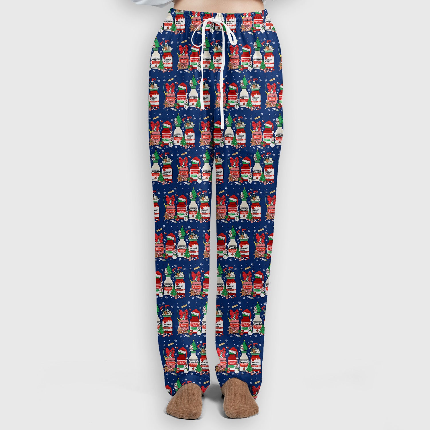 Funny Christmas Medication Scrub Set – Festive Holiday Pharma Bottles Pattern – Playful Medical Uniform for Nurses, Pharmacists & Healthcare Workers