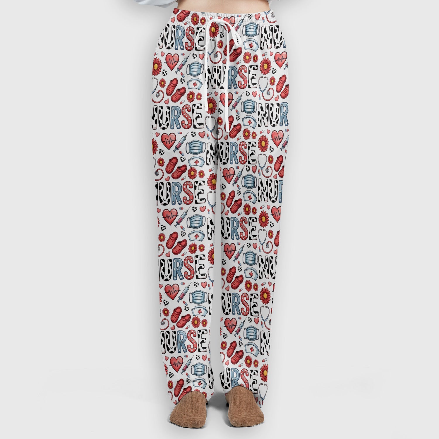 Cute Nurse Medical Icon Pattern Scrub Set, Scrub Pants and V Neck Top