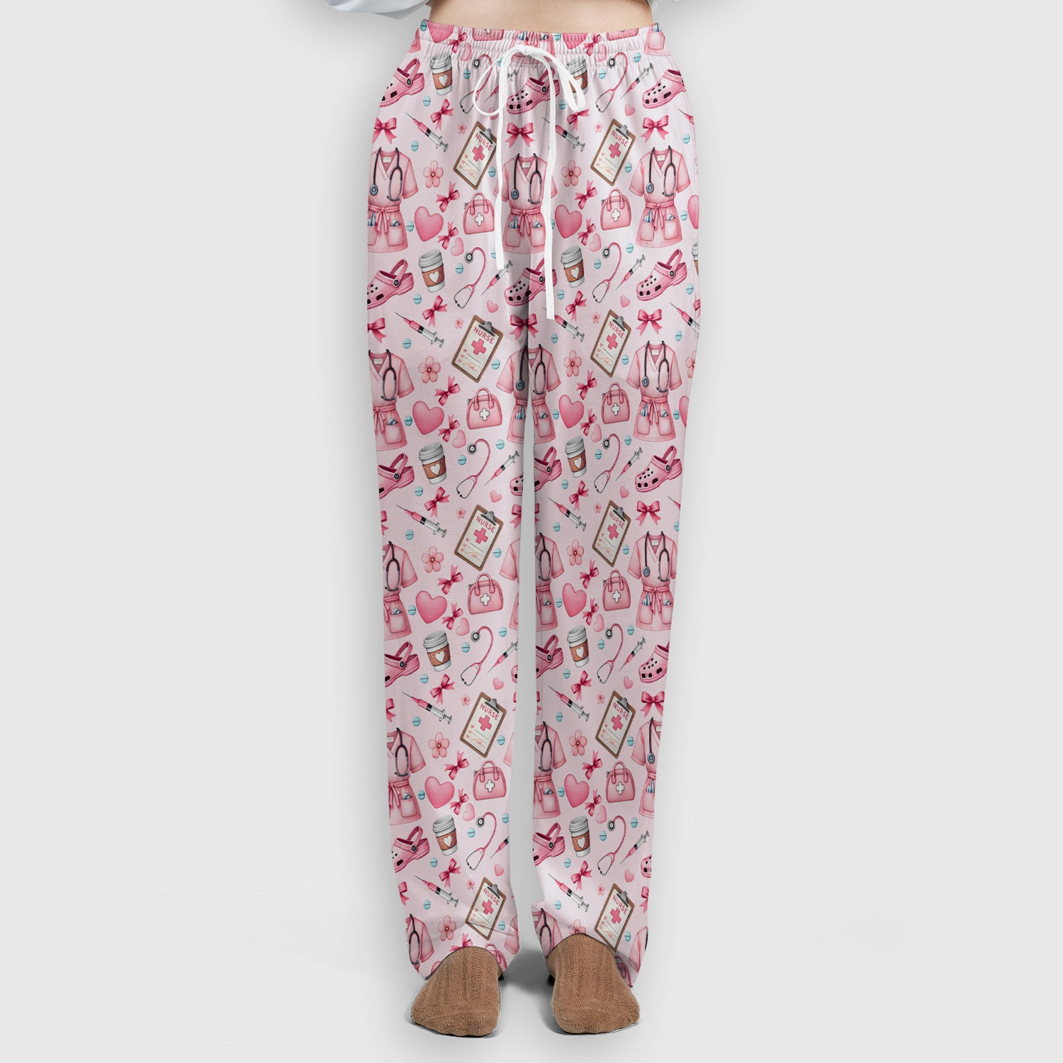 Valentine Pink Nurse Icons Print Women's Scrub Set, Breathable Med Uniform
