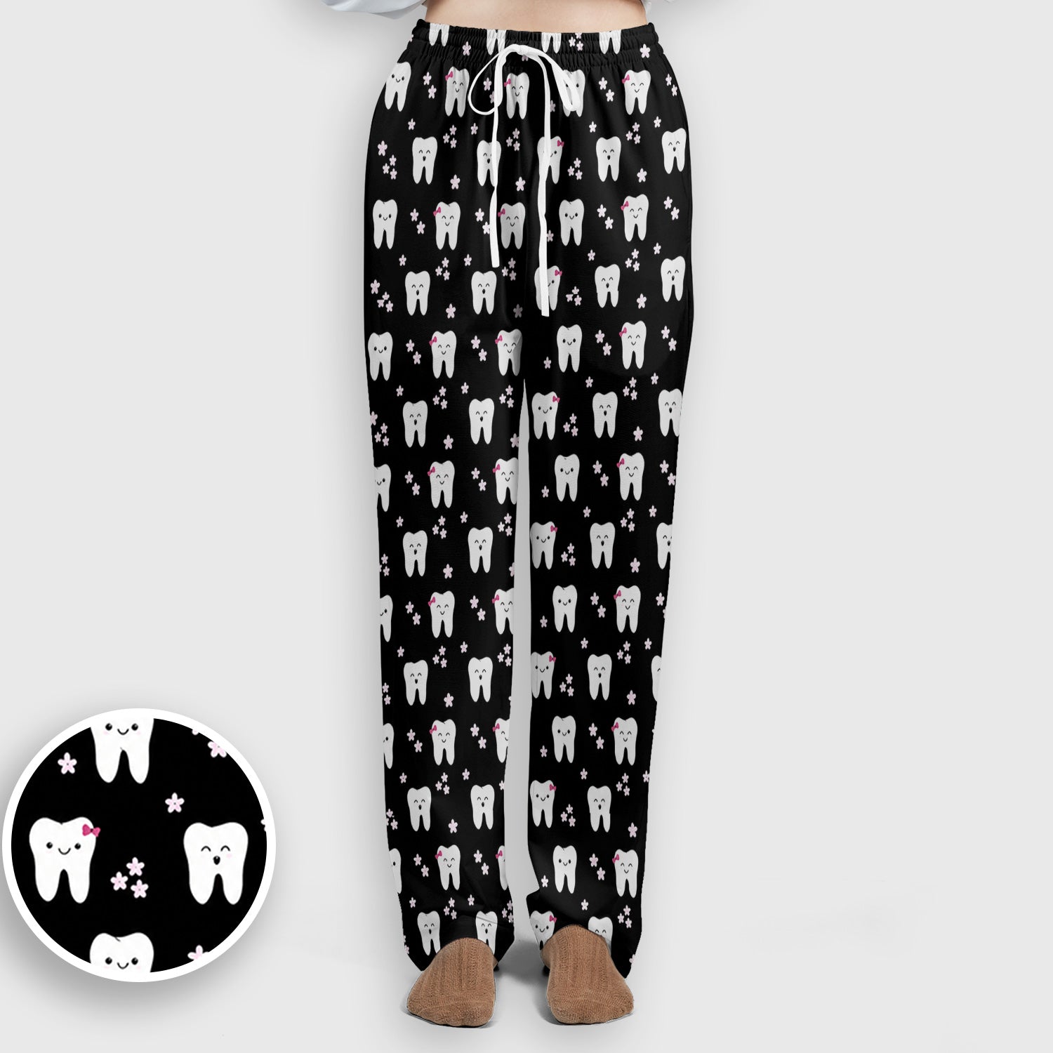 Cute Smiling Tooth And Flowers Scrub Set, Scrub Pants and V Neck Top