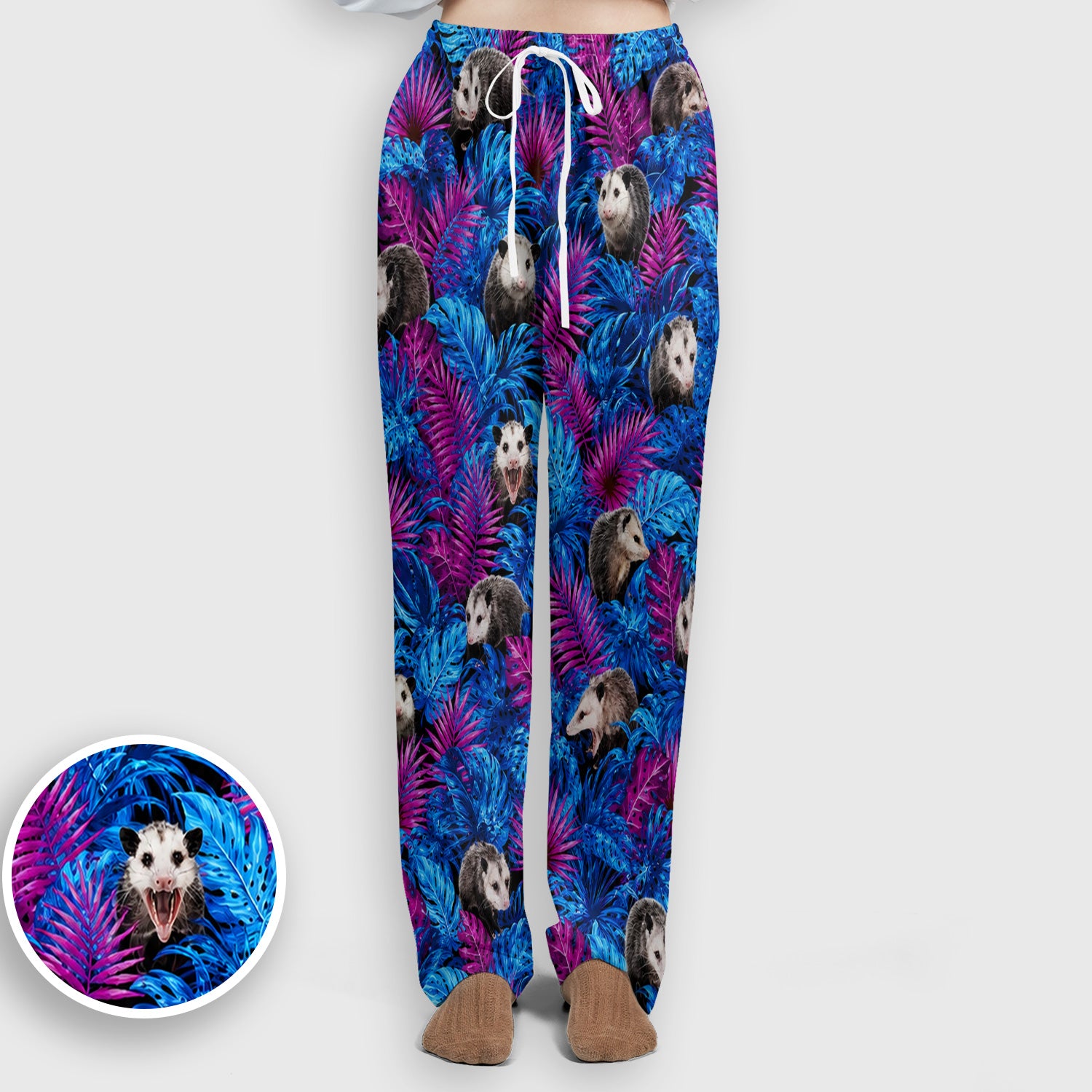 Cute Opossum Tropical Print Scrub Set, Scrub Pants and V Neck Top