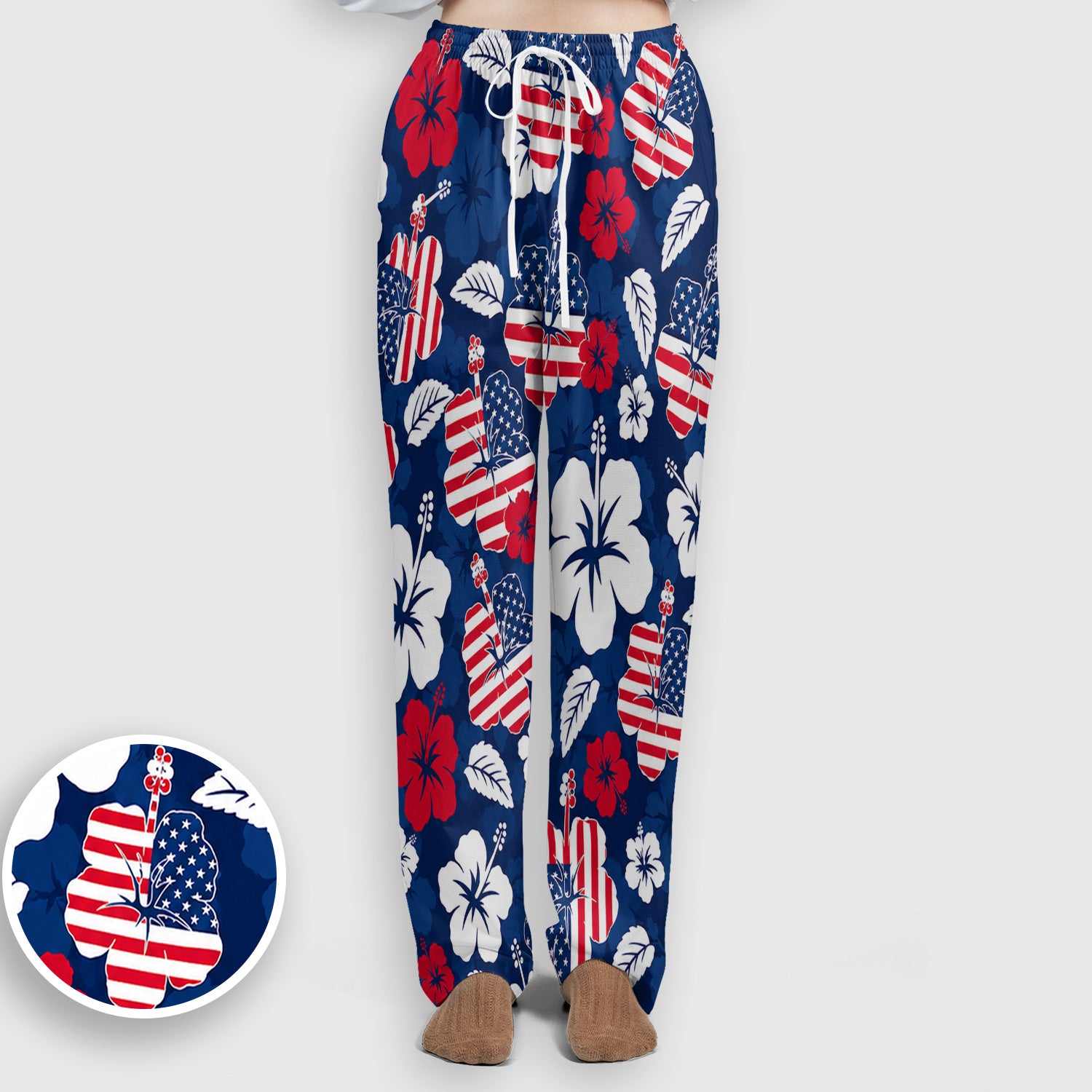 Patriotic Hibiscus Flag Floral Print Scrub Set, Scrub Pants and V Neck Top