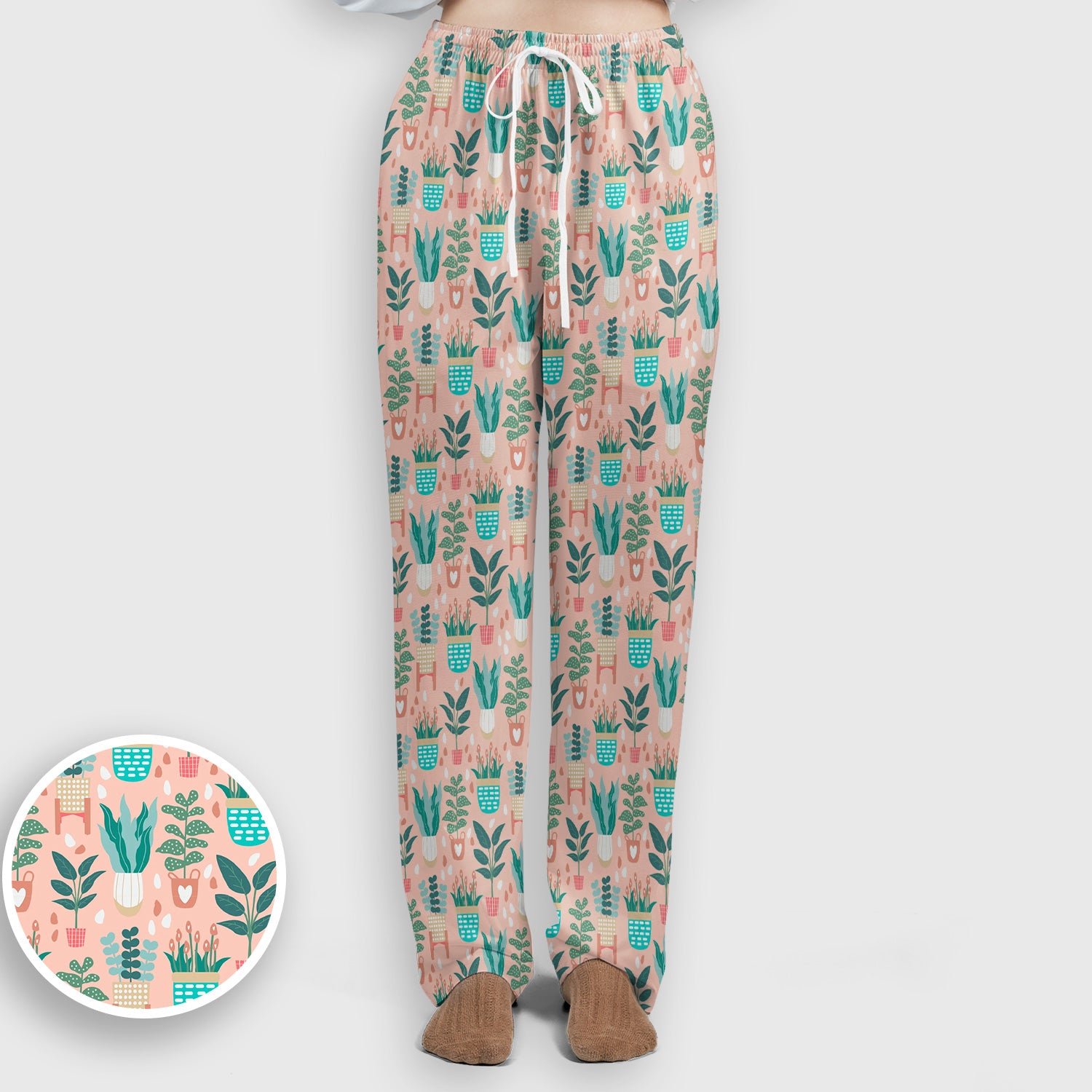 Potted Houseplant Leaves Pattern Scrub Set, Scrub Pants and V Neck Top