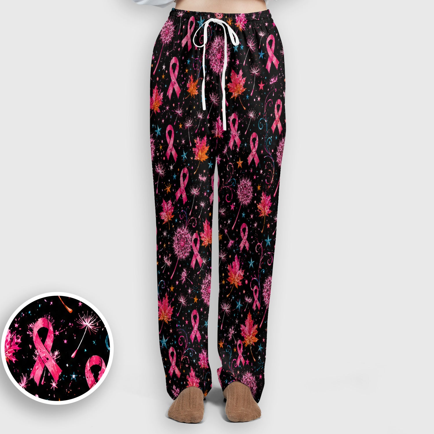 Breast Cancer Awareness Pink Ribbon Fall Scrub Set, Scrub Pants and V Neck Top