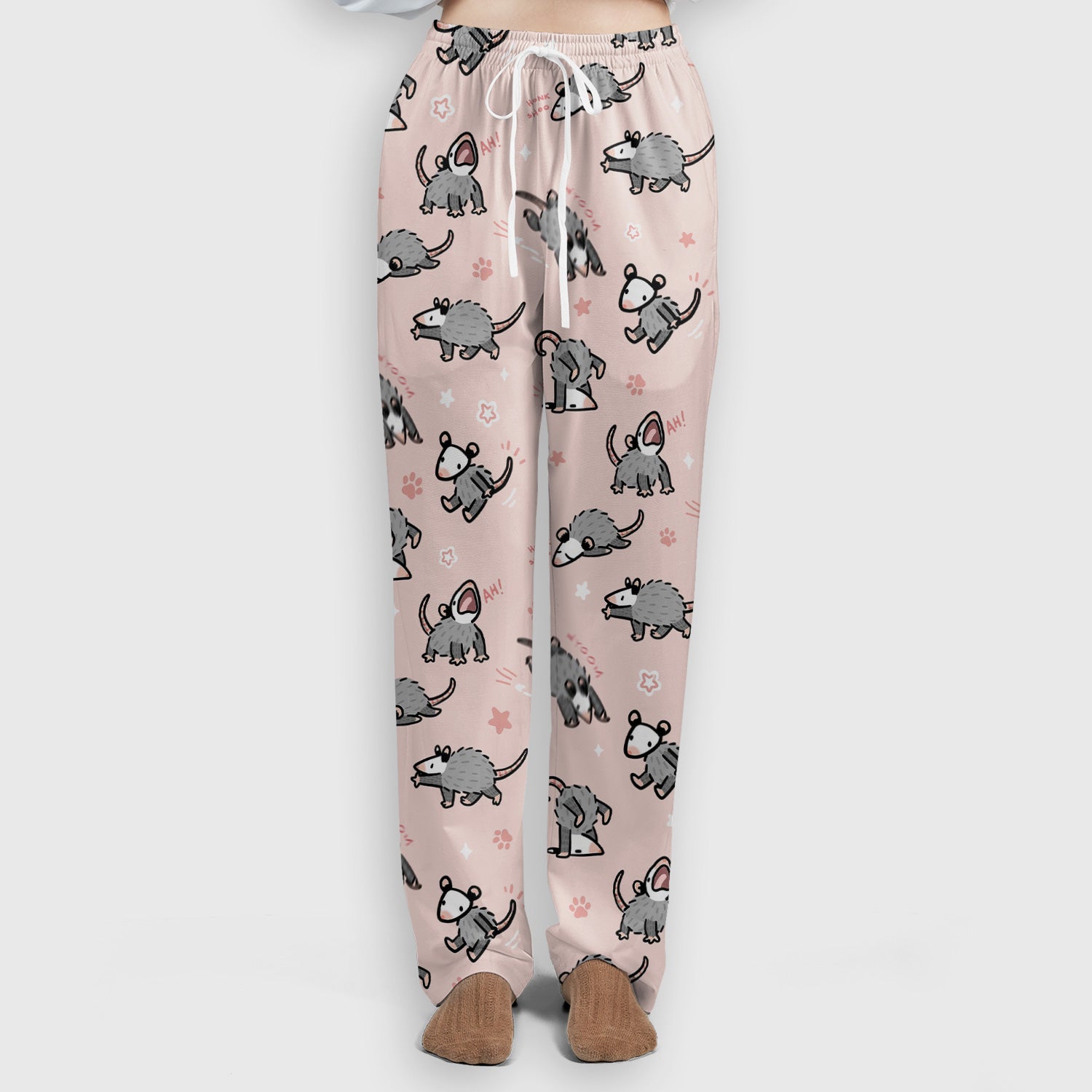 Playful Cartoon Opossum Character Pattern Scrub Set, Women's Scrub Sets