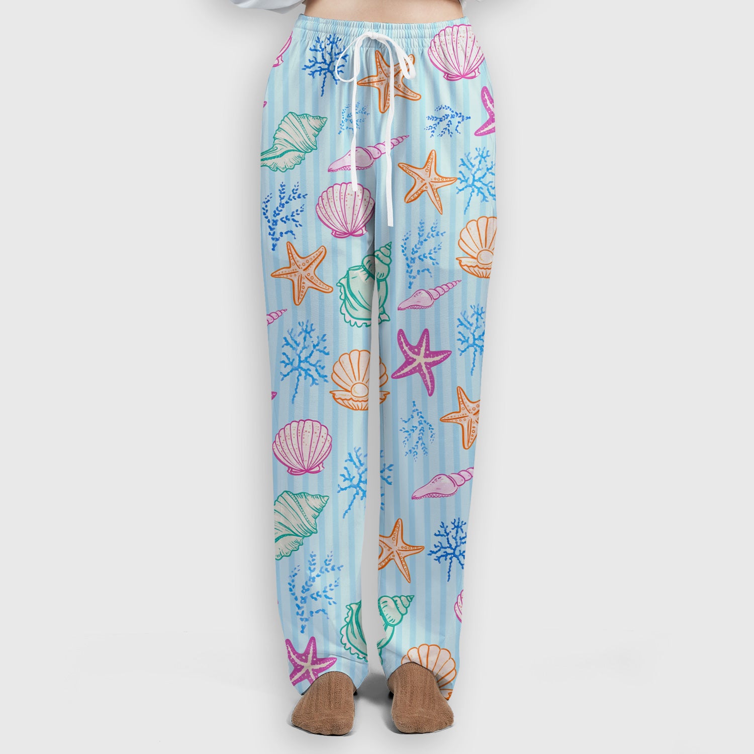 Colorful Seashell Starfish Ocean Stripe Pattern Scrub Set, Women's Scrub Sets