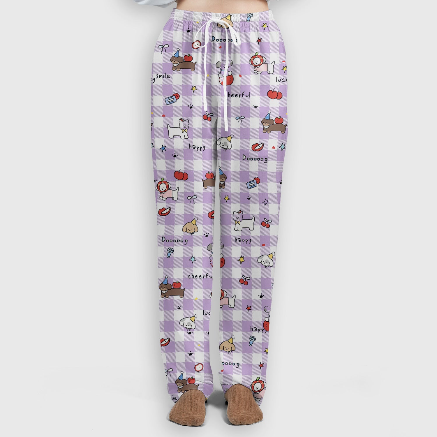 Cute Nurse Cartoon Puppy Apple Gingham Scrub Top, Breathable Fabrics Nursing Uniform