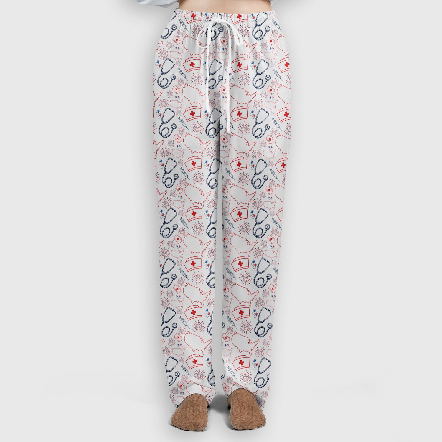 Patriotic Nurse Stethoscope Flag Pattern Scrub Set, Scrub Pants and V Neck Top