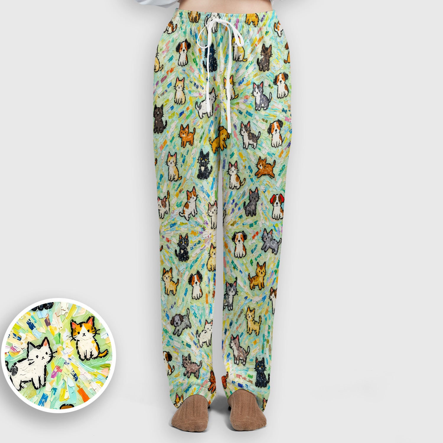 Colorful Cats Dogs Doodle Pattern Scrub Set, Scrub Pants and V Neck Top