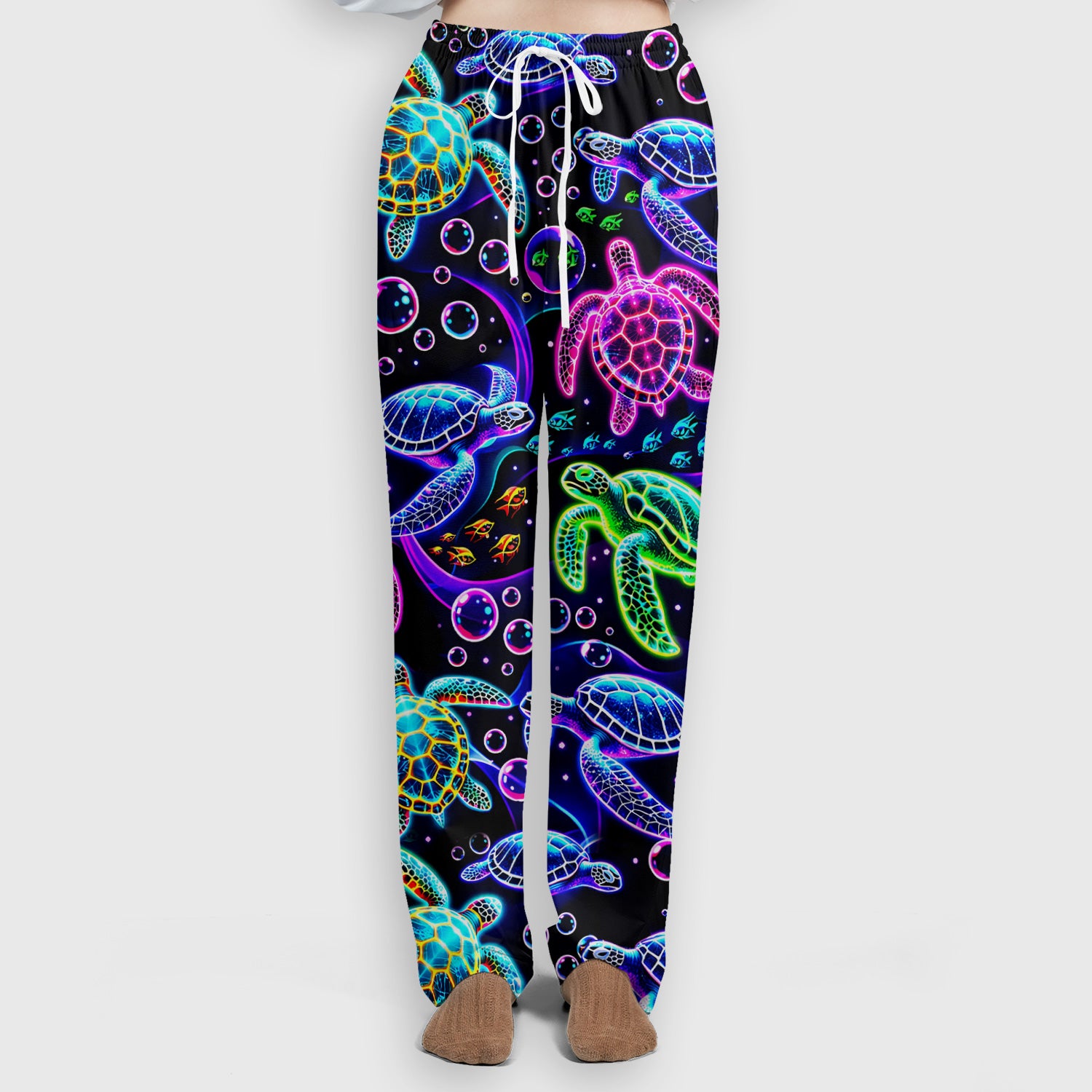 Neon Sea Turtle Swimming Bubble Ocean Scrub Set, Scrub Pants and V Neck Top
