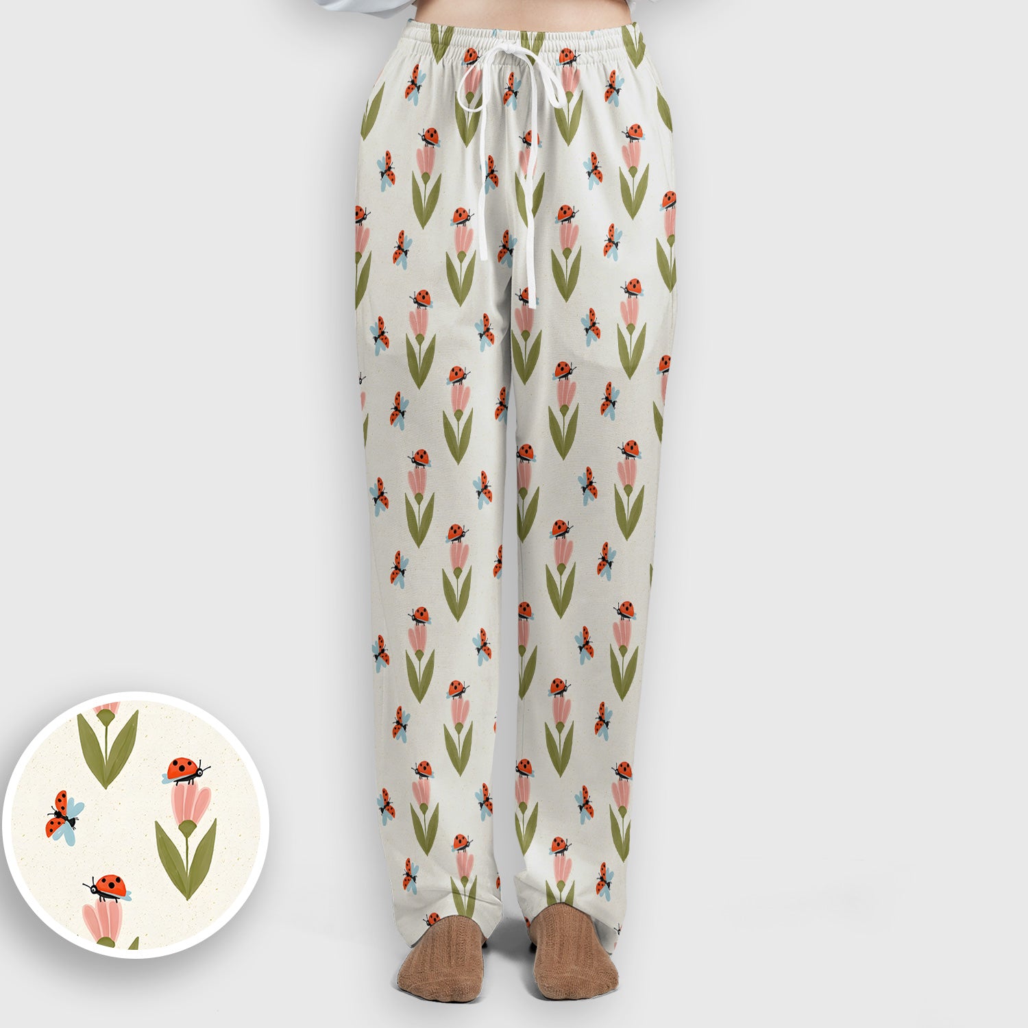 Cute Ladybug Tulip Floral Pattern Scrub Set, Scrub Pants and V Neck Top