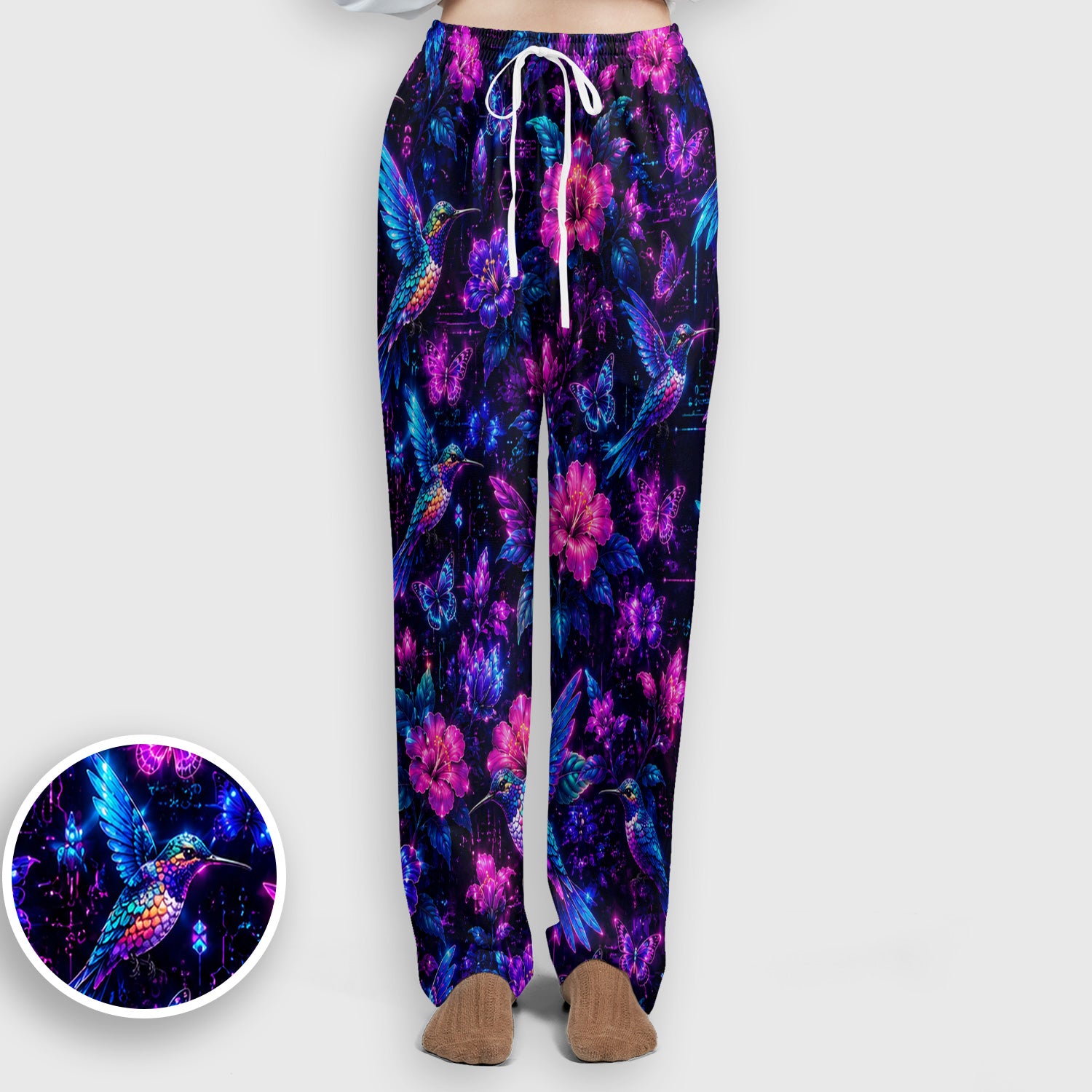 Neon Hummingbird Butterfly Bloom Pattern Scrub Set, Scrub Pants and V Neck Top