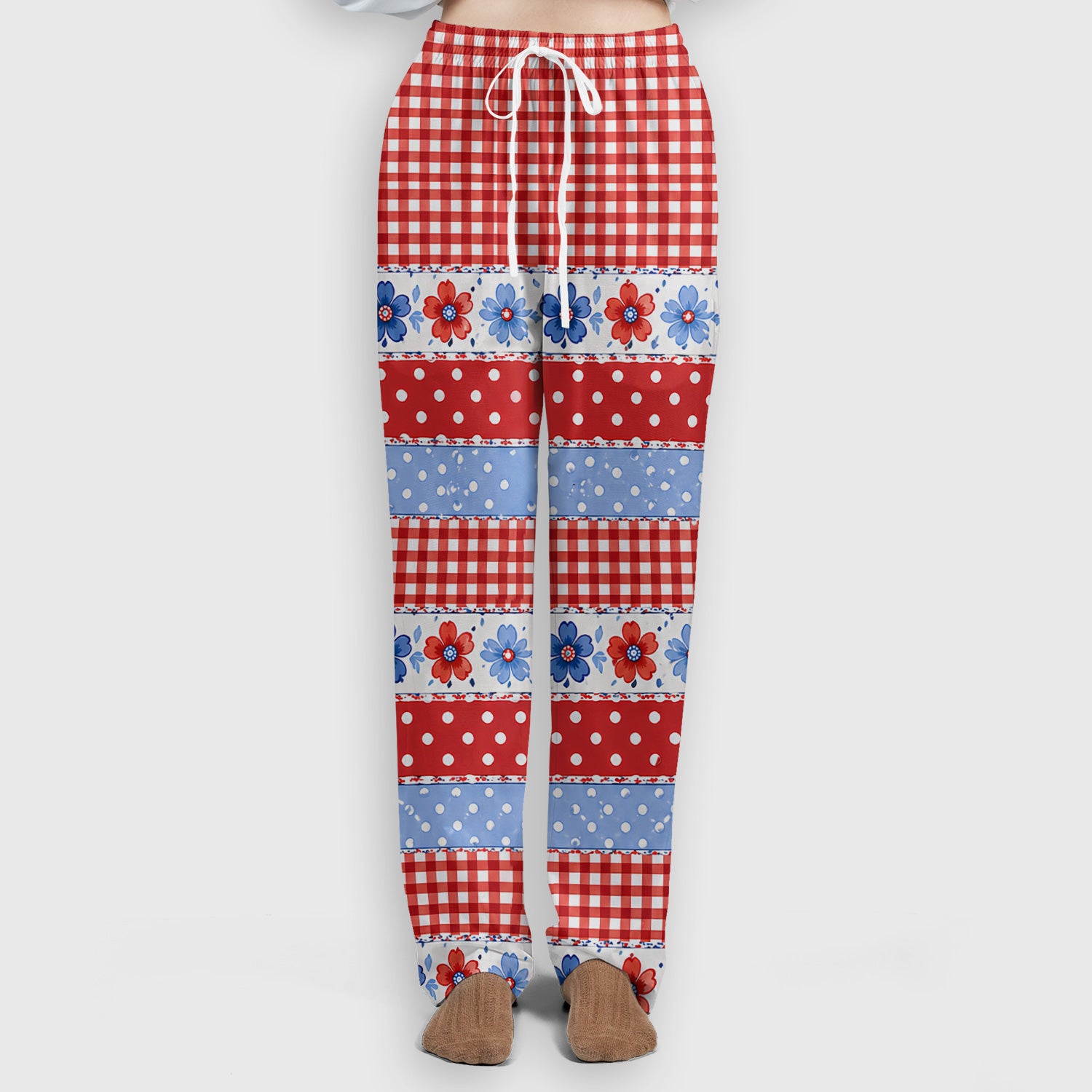 Patriotic Gingham Bow Floral Pattern Scrub Set, Scrub Pants and V Neck Top