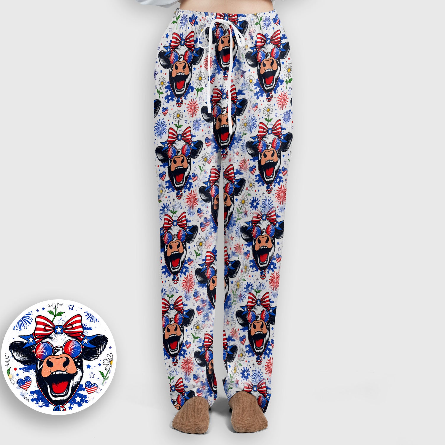 Funny Patriotic Cow Nurse Print Scrub Set, Scrub Pants and V Neck Top