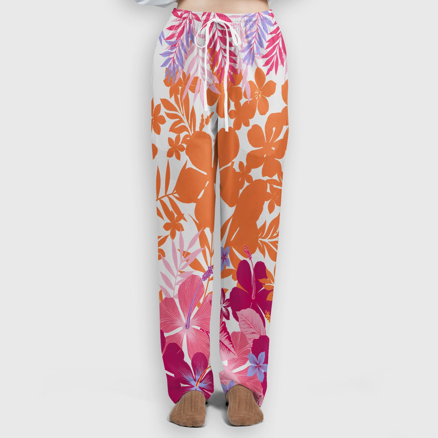 Cheerful Tropical Hibiscus Bloom Pattern Scrub Set, Scrub Pants and V Neck Top