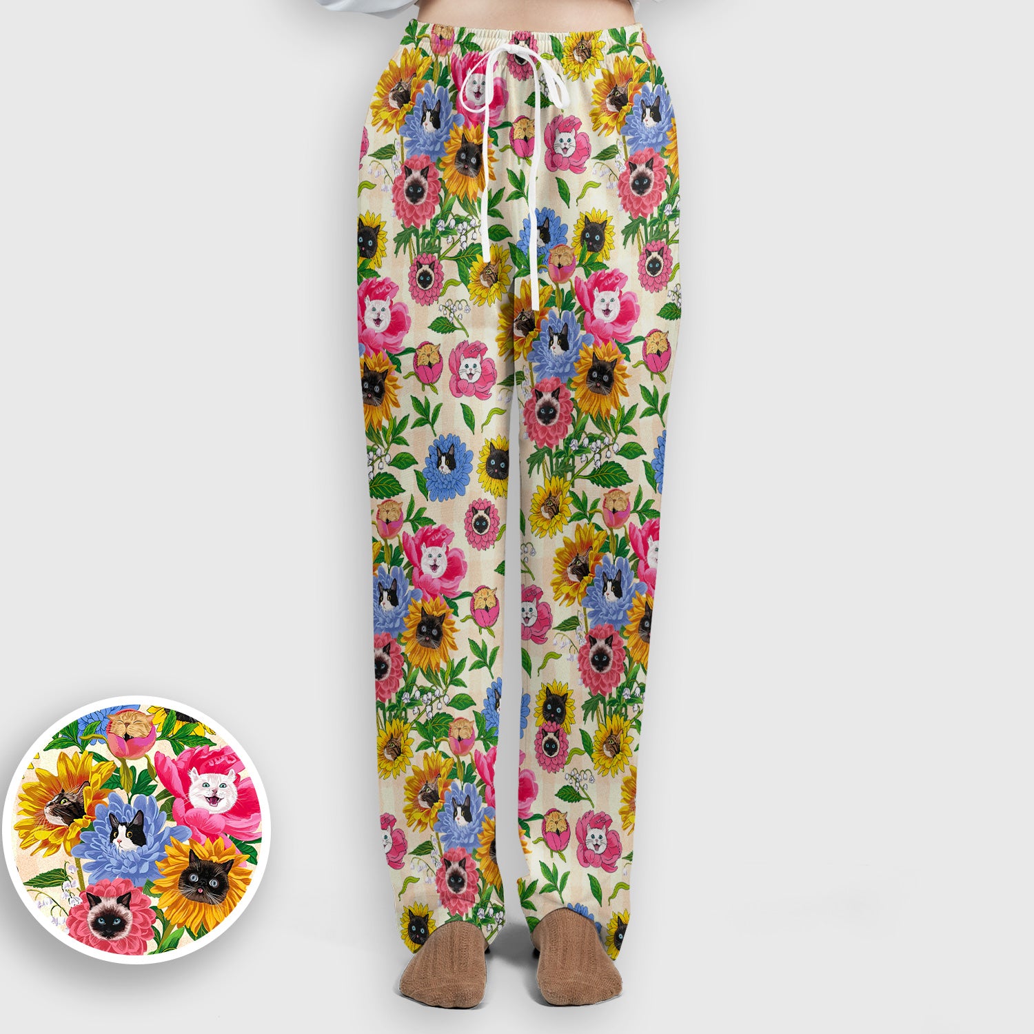 Cat Face Hidden In Colorful Flower Garden Scrub Set, Scrub Pants and V Neck Top