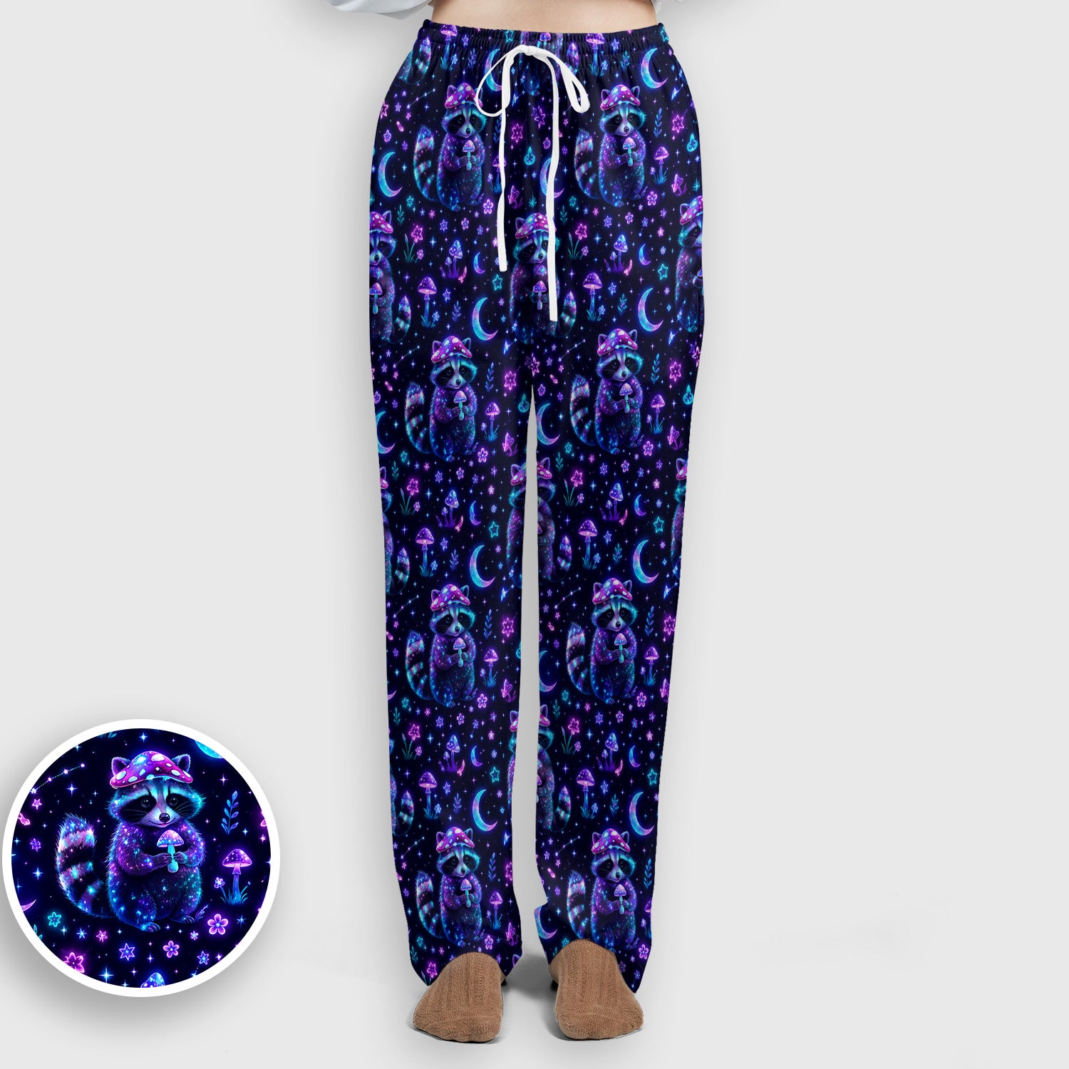 Neon Mushroom Raccoon Moonlight Pattern Scrub Set, Scrub Pants and V Neck Top
