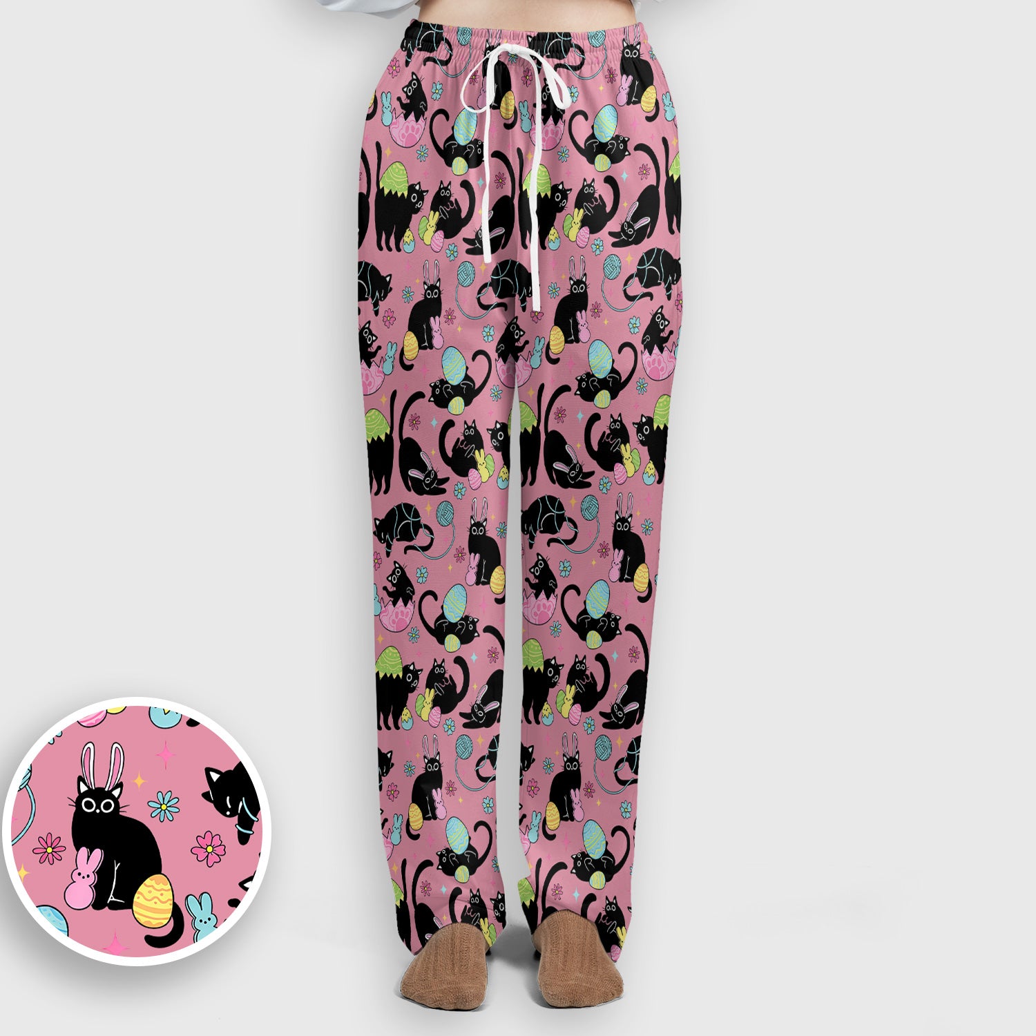 Funny Easter Black Cat Egg Pattern Scrub Set, Scrub Pants and V Neck Top