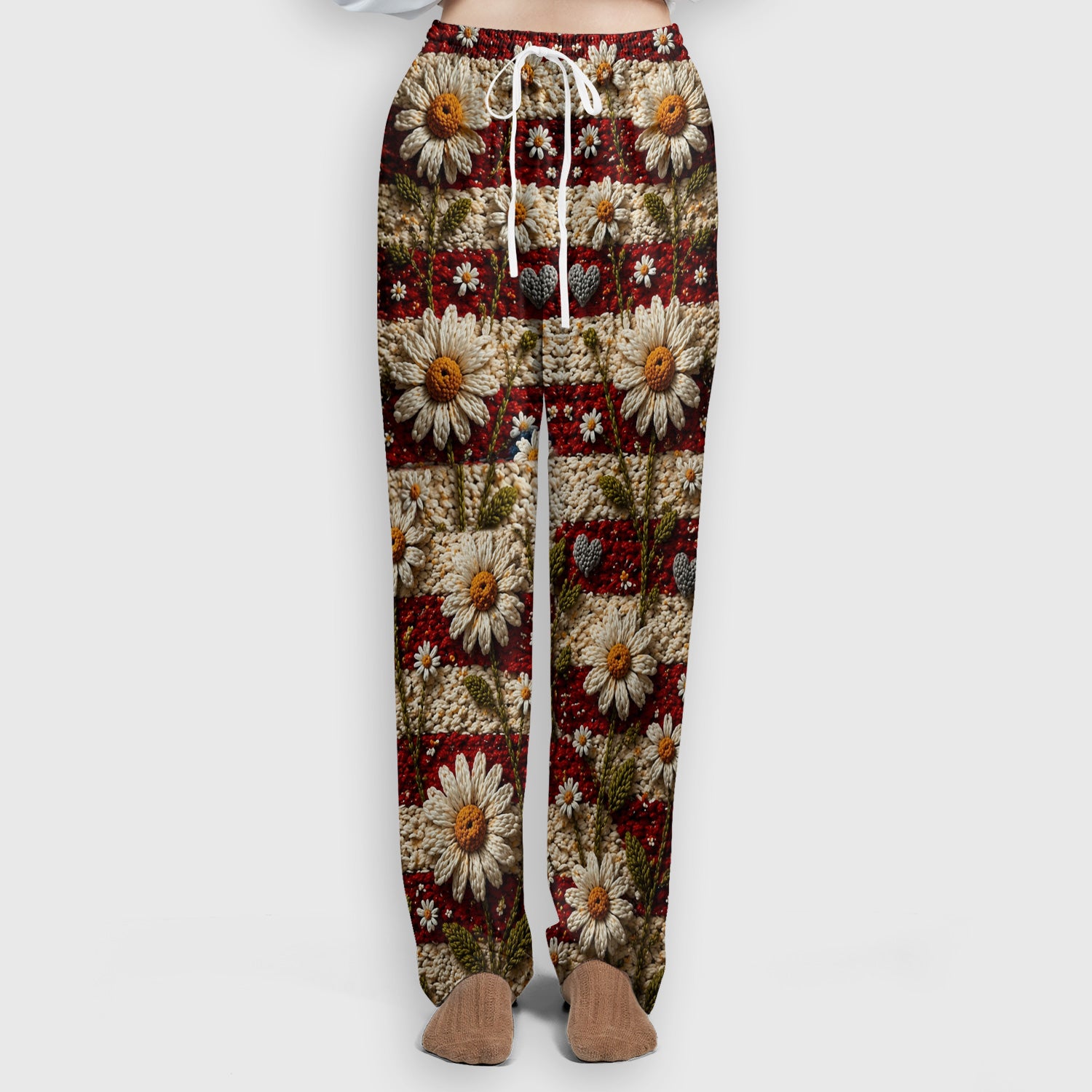 American Flag Daisy Floral Knit Texture Pattern Scrub Set, Scrub Pants and V Neck Top