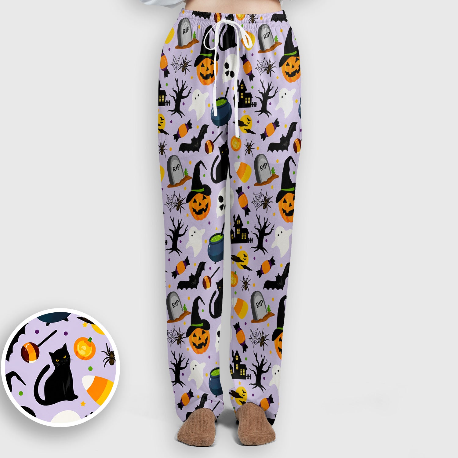 Ghost Pumpkin Witch Pattern Scrub Set, Scrub Pants and V Neck Top