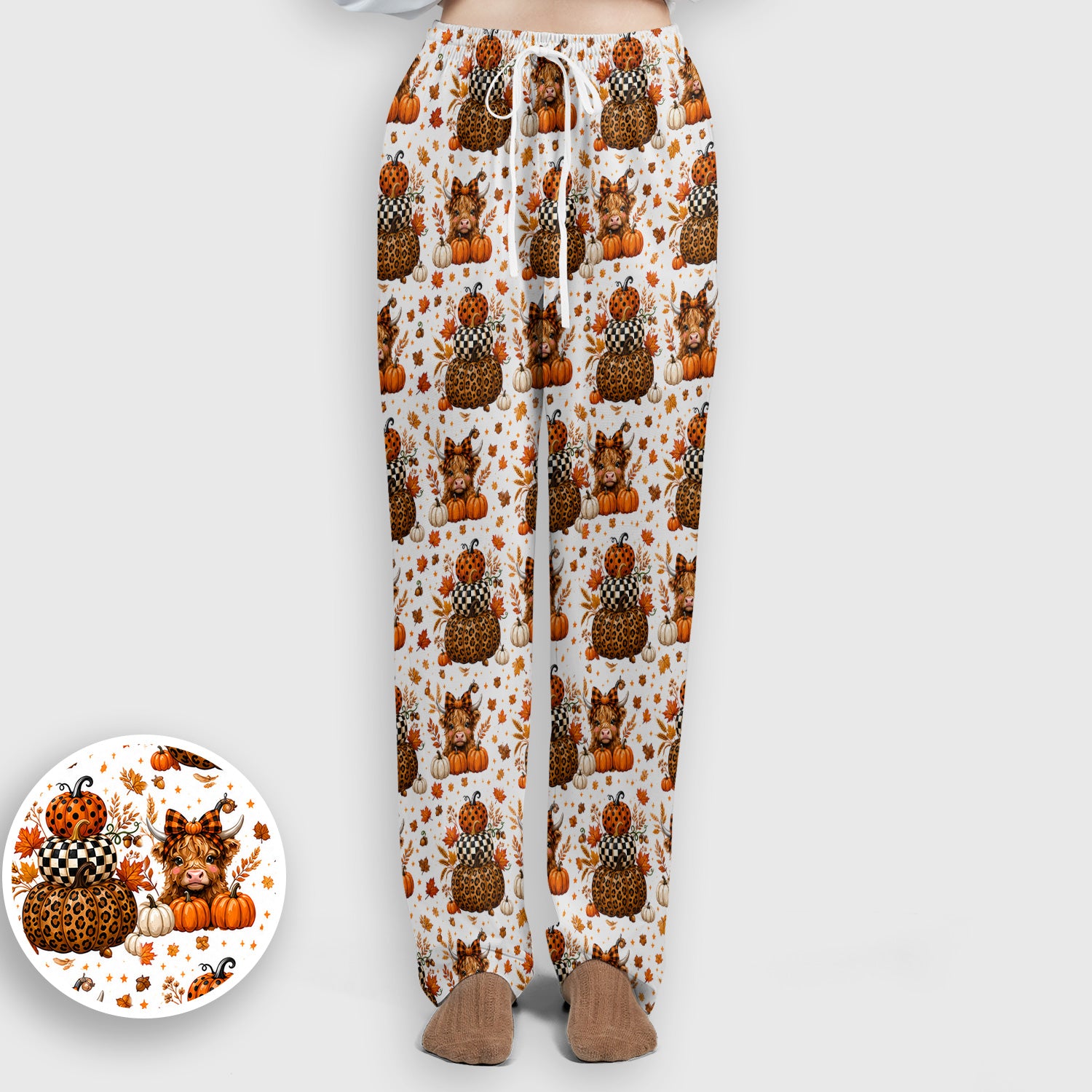 Fall Highland Cow Pattern Scrub Set, Scrub Pants and V Neck Top