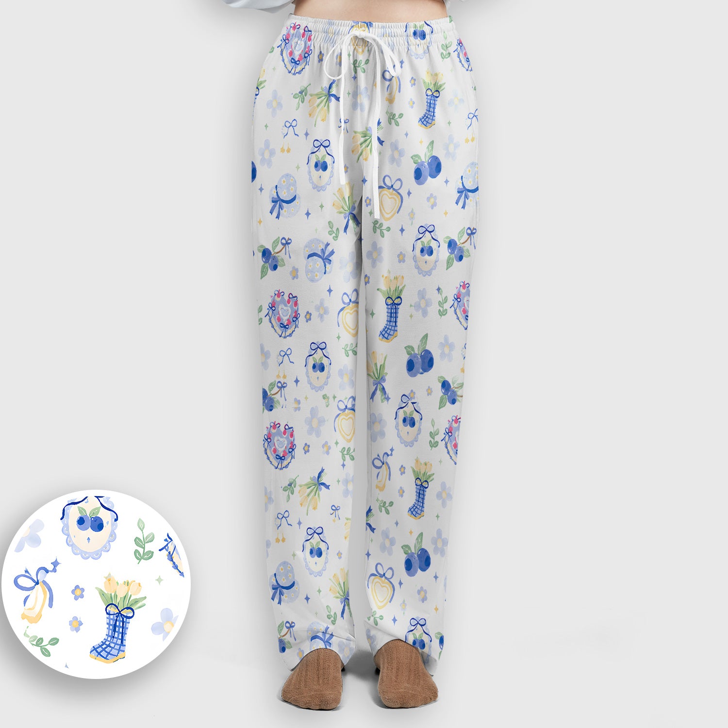 Cute Blueberry Bow Print Scrub Set, Scrub Pants and V Neck Top