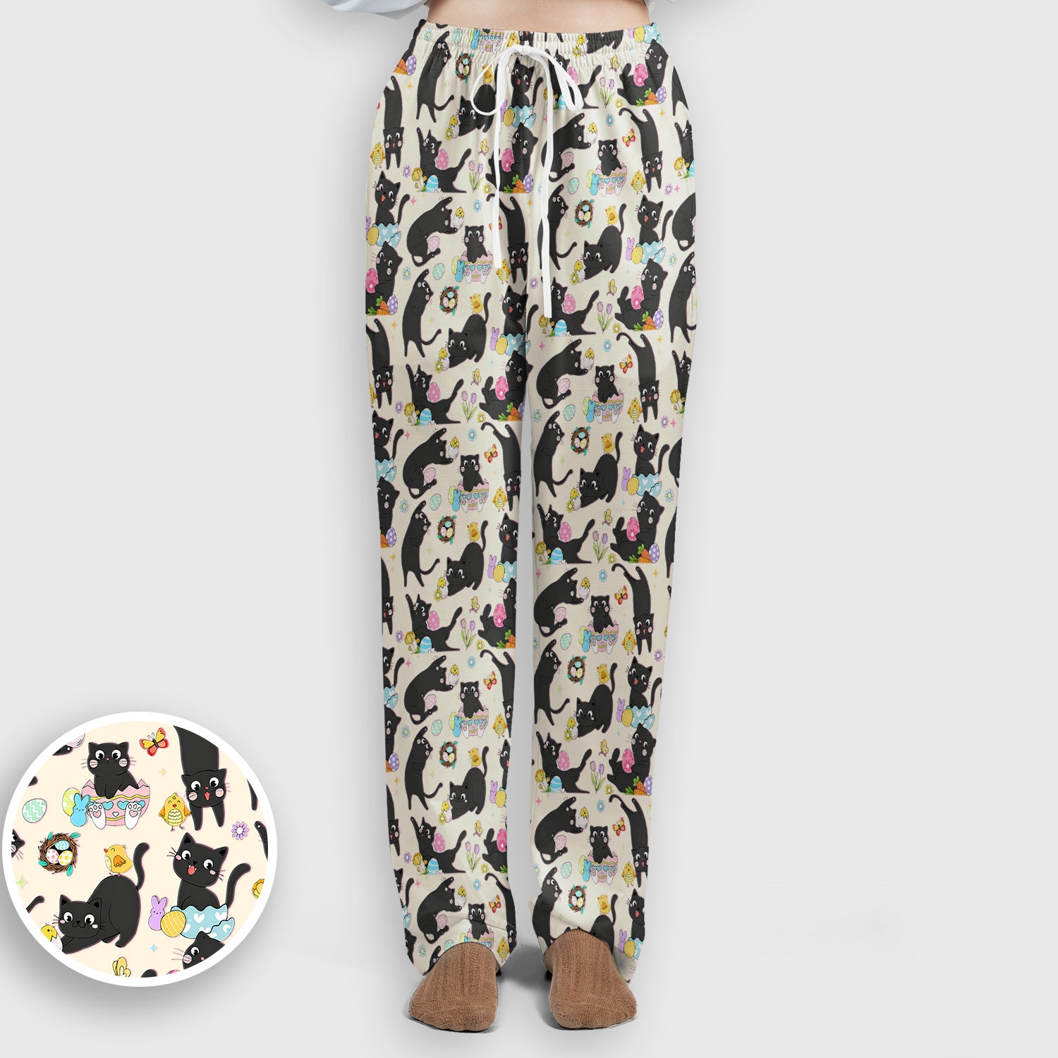 Playful Black Cat Easter Egg Pattern Scrub Set, Scrub Pants and V Neck Top