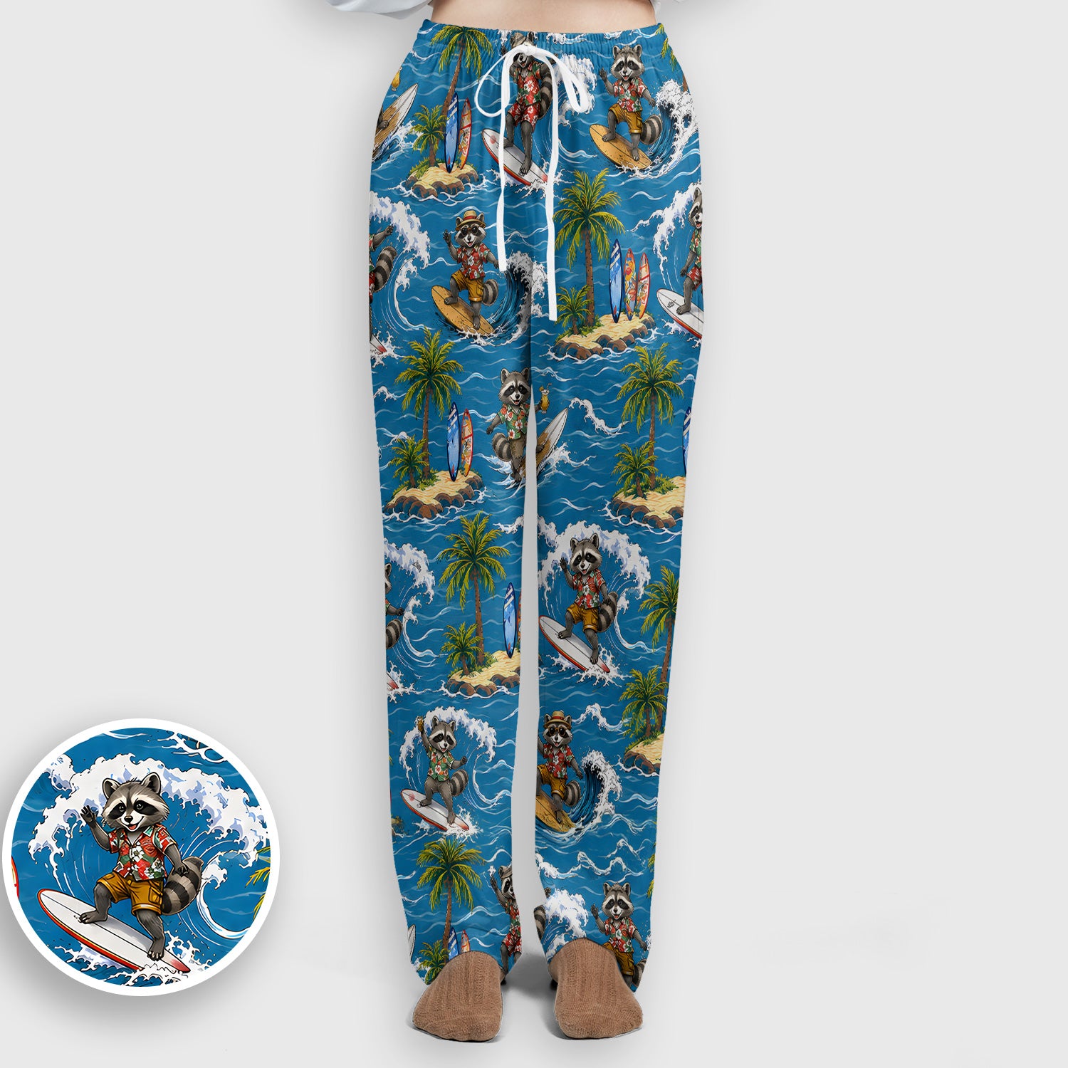Tropical Surfing Raccoon Island Pattern Scrub Set, Scrub Pants and V Neck Top