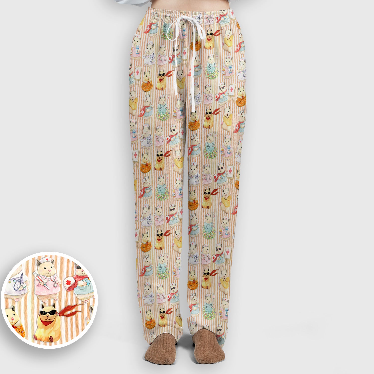 Cute Nurse Hamster Pattern Scrubs Sets, Scrub Pants and V Neck Top