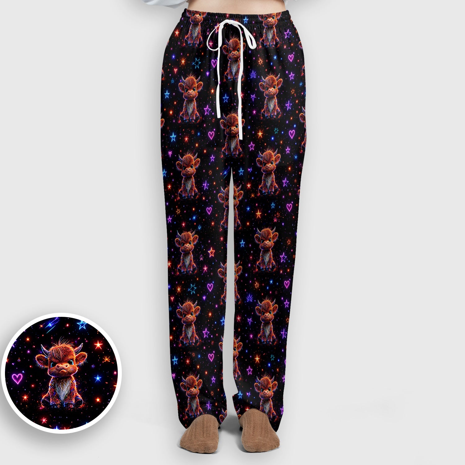 Neon Highland Cow Stars Pattern Scrub Set, Scrub Pants and V Neck Top