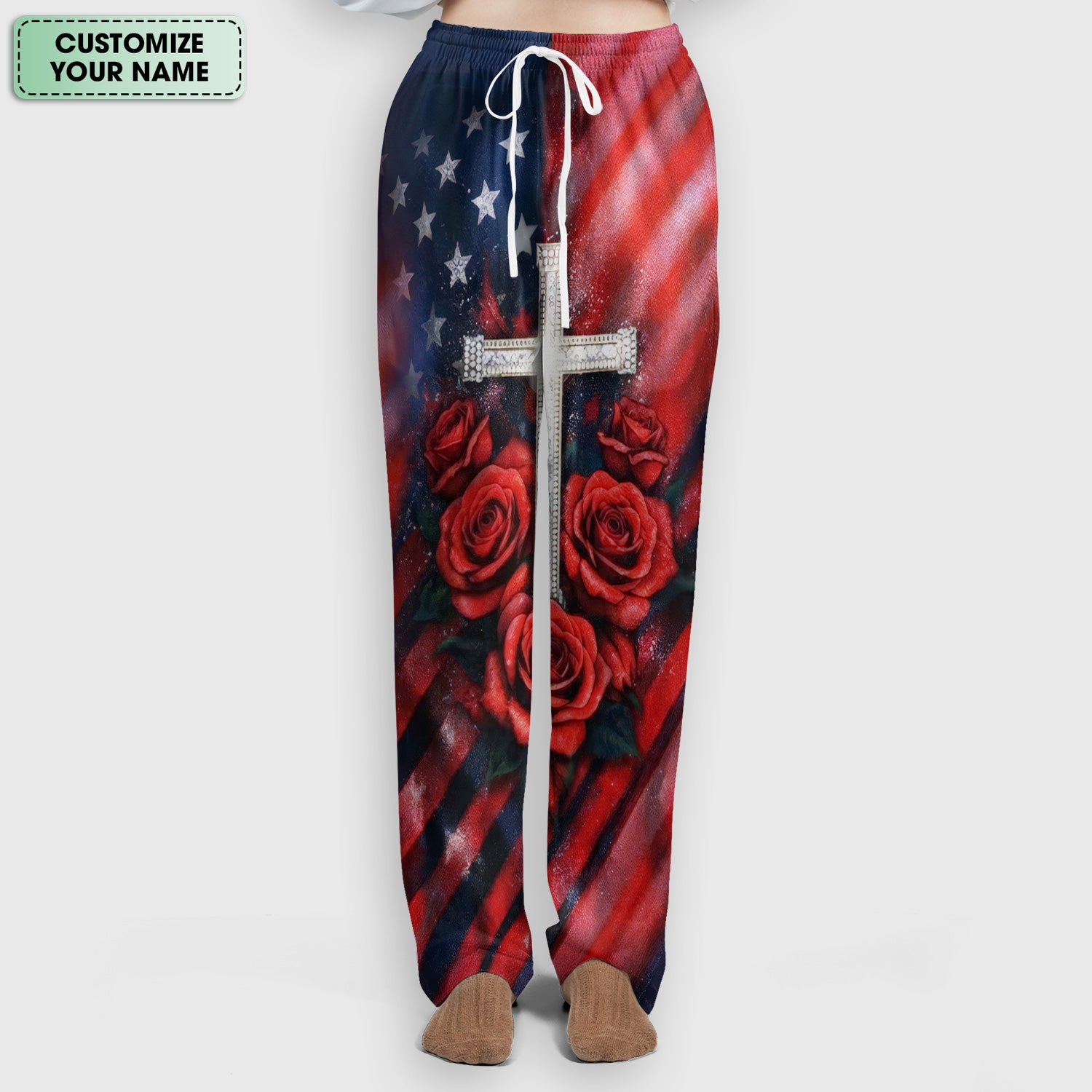 Custom Name Patriotic Cross Butterfly Rose Print Scrub Set, Scrub Pants and V Neck Top