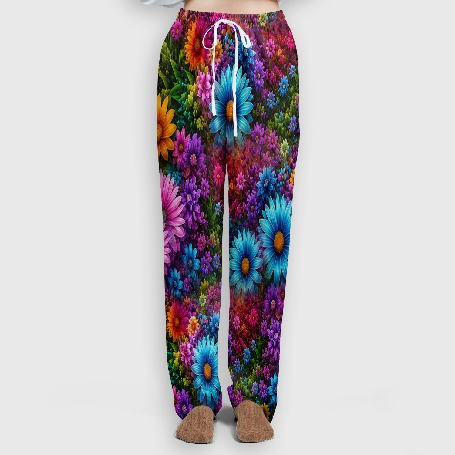 Cute Highland Cow Rainbow Floral Pattern Scrub Set, Scrub Pants and V Neck Top