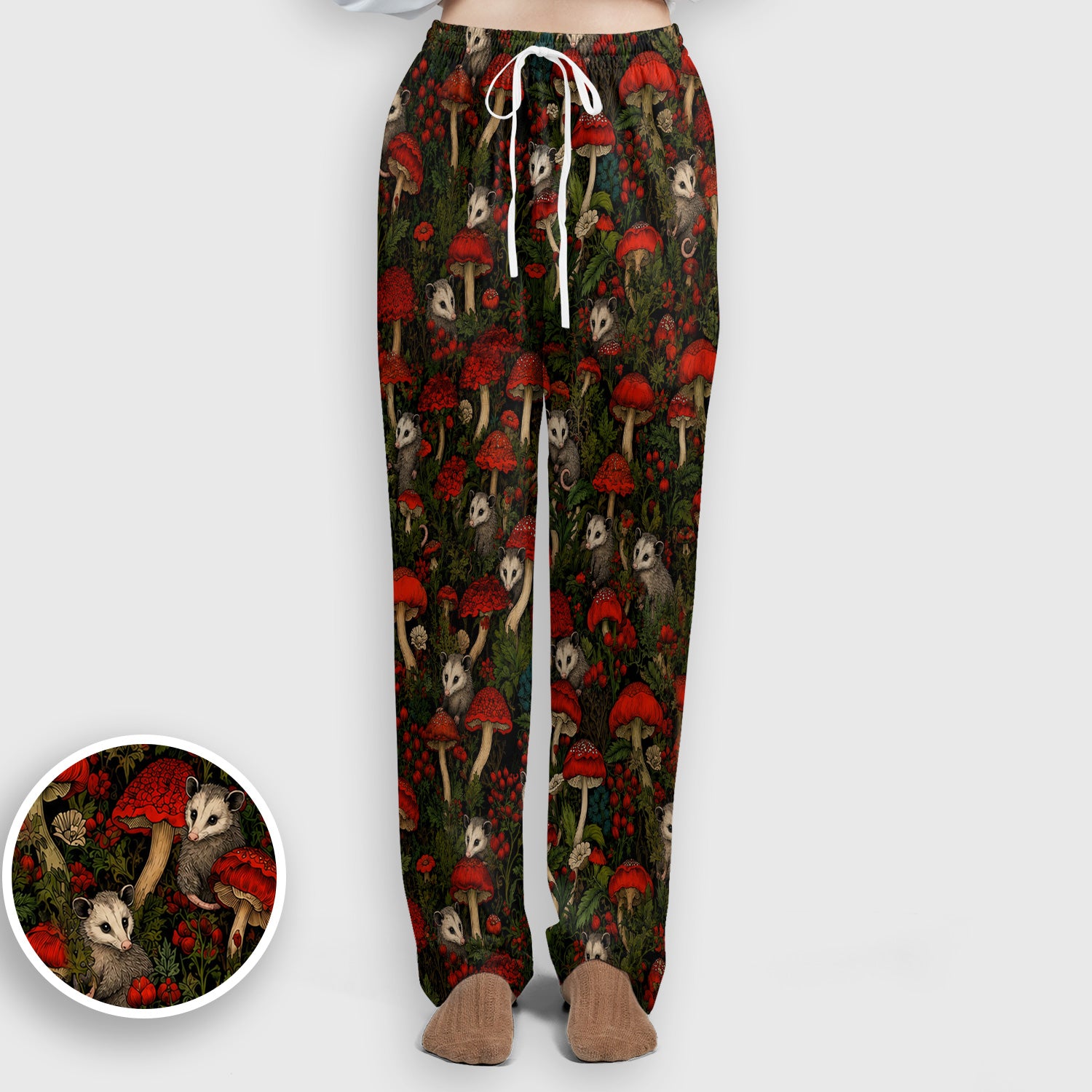 Woodland Opossum Red Mushroom Pattern Scrub Set, Scrub Pants and V Neck Top