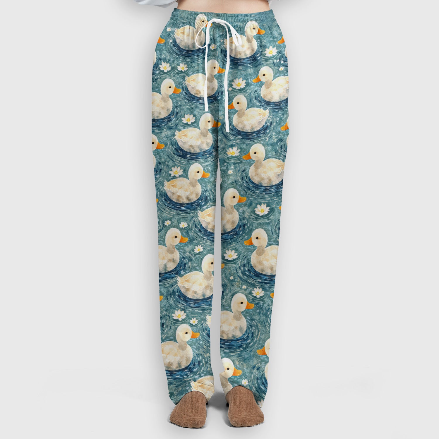 Charming Duck Pond Scrub Set, Peaceful Waterfowl Print Nursing Uniform, Scrub Pants and V Neck Top